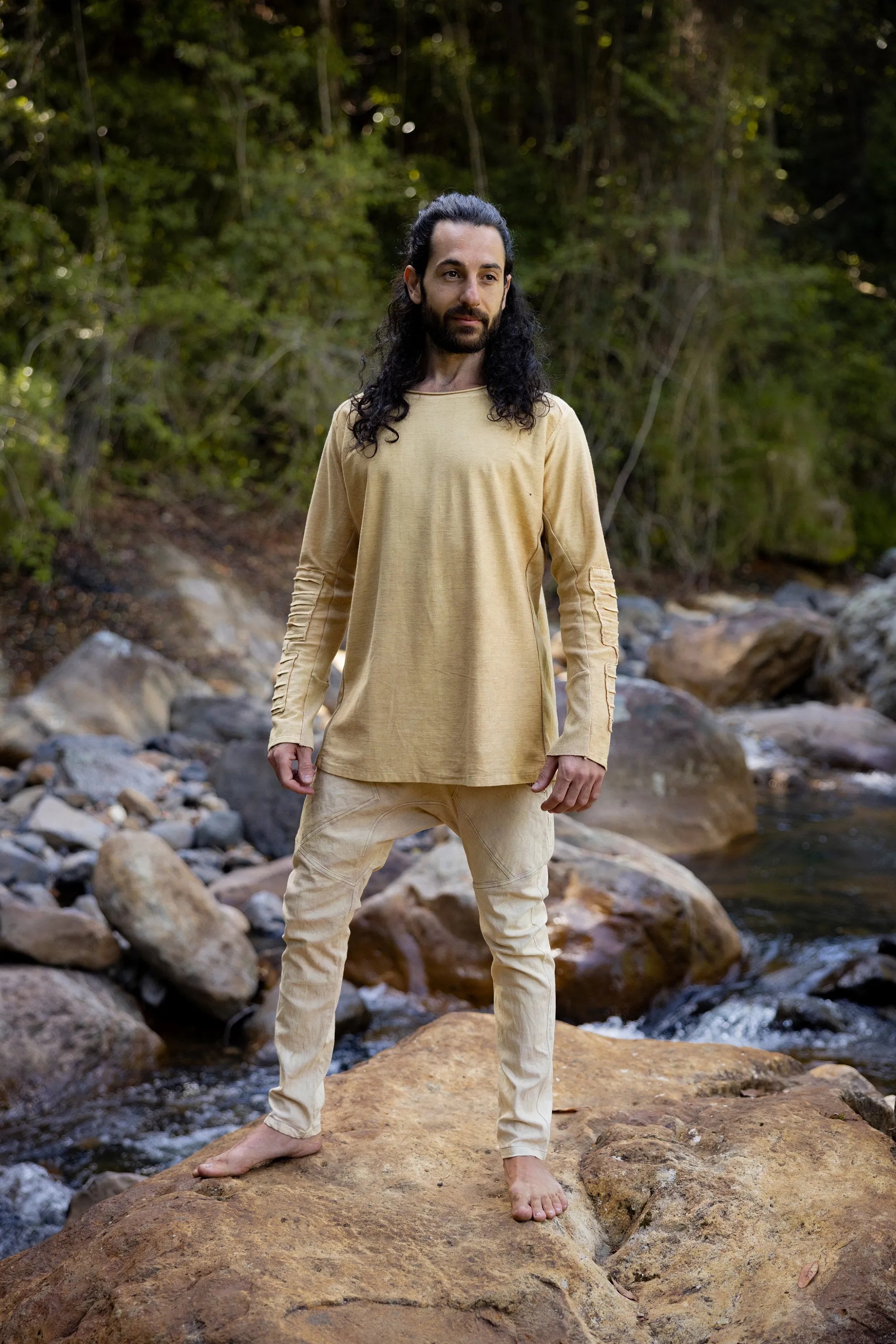 JAMIS Beige Sand Mens Jumper Long Sleeve Top Pullover Handmade Apocalyptic Dune Rugged Stone Washed Primitive Festival Steampunk AJJAYA