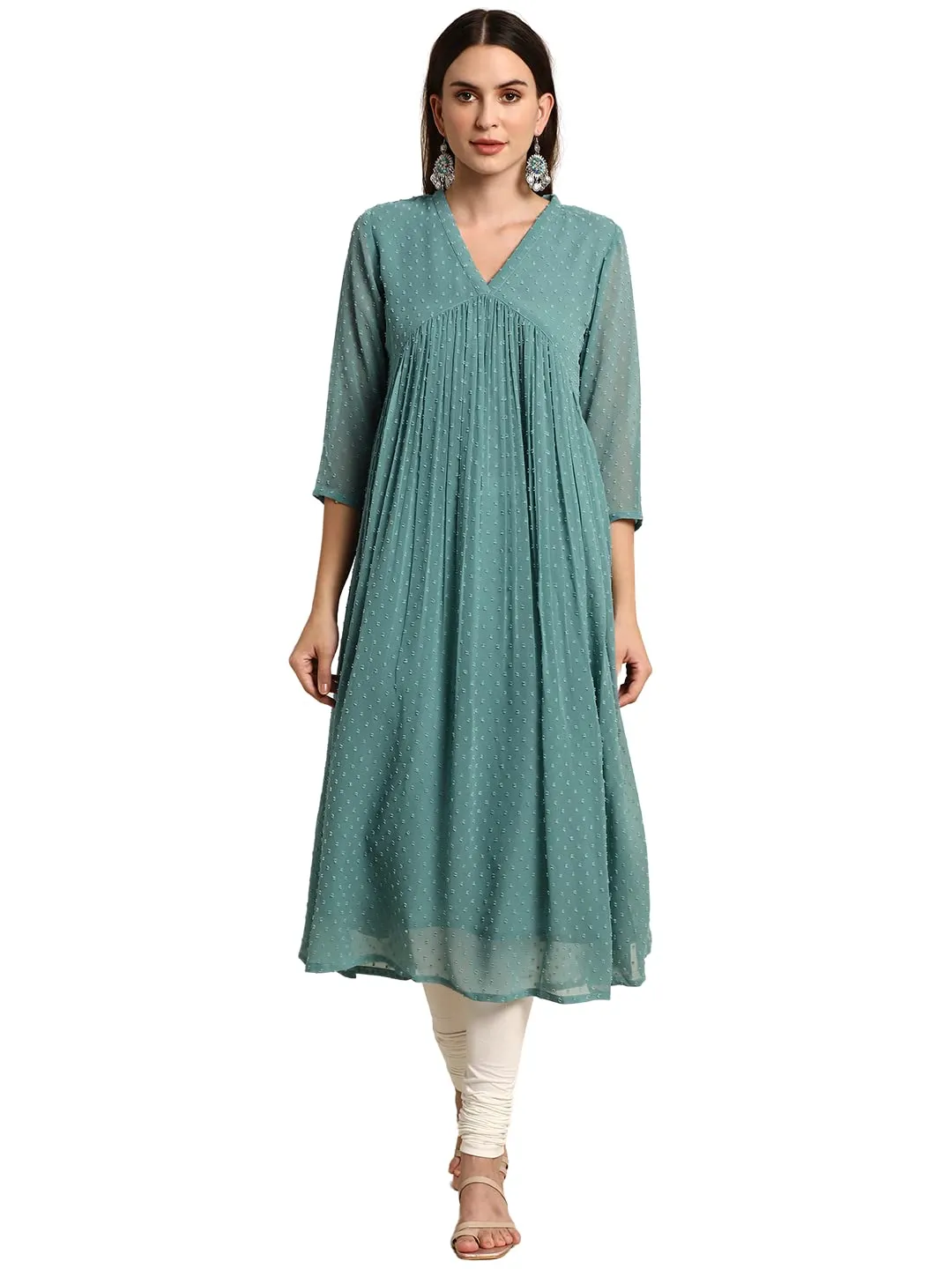 Janasya Women's Green Poly Chiffon Self Design Flared Western Dress(JNE3797-KR-L)