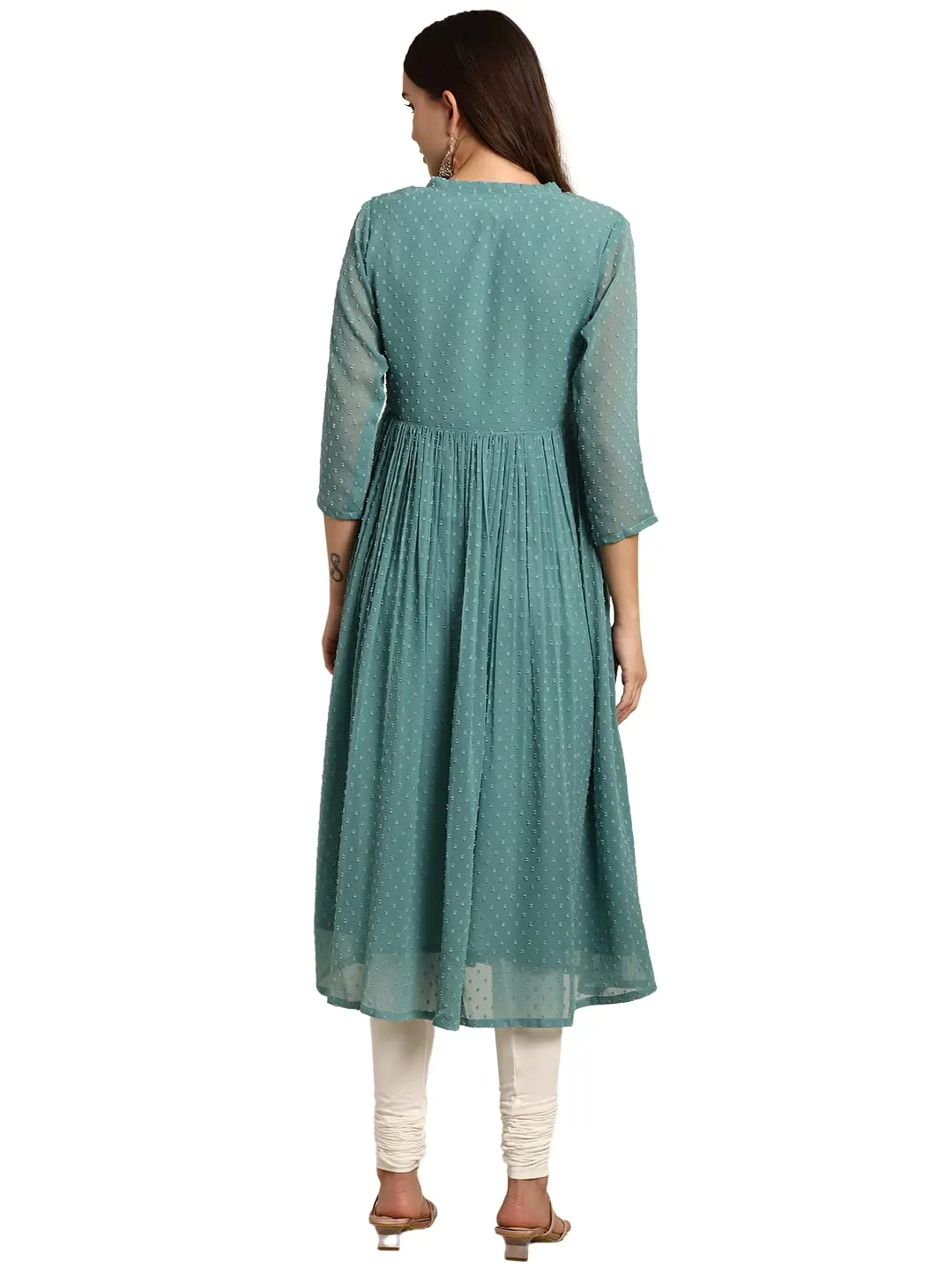 Janasya Women's Green Poly Chiffon Self Design Flared Western Dress(JNE3797-KR-L)