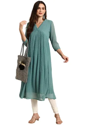 Janasya Women's Green Poly Chiffon Self Design Flared Western Dress(JNE3797-KR-L)