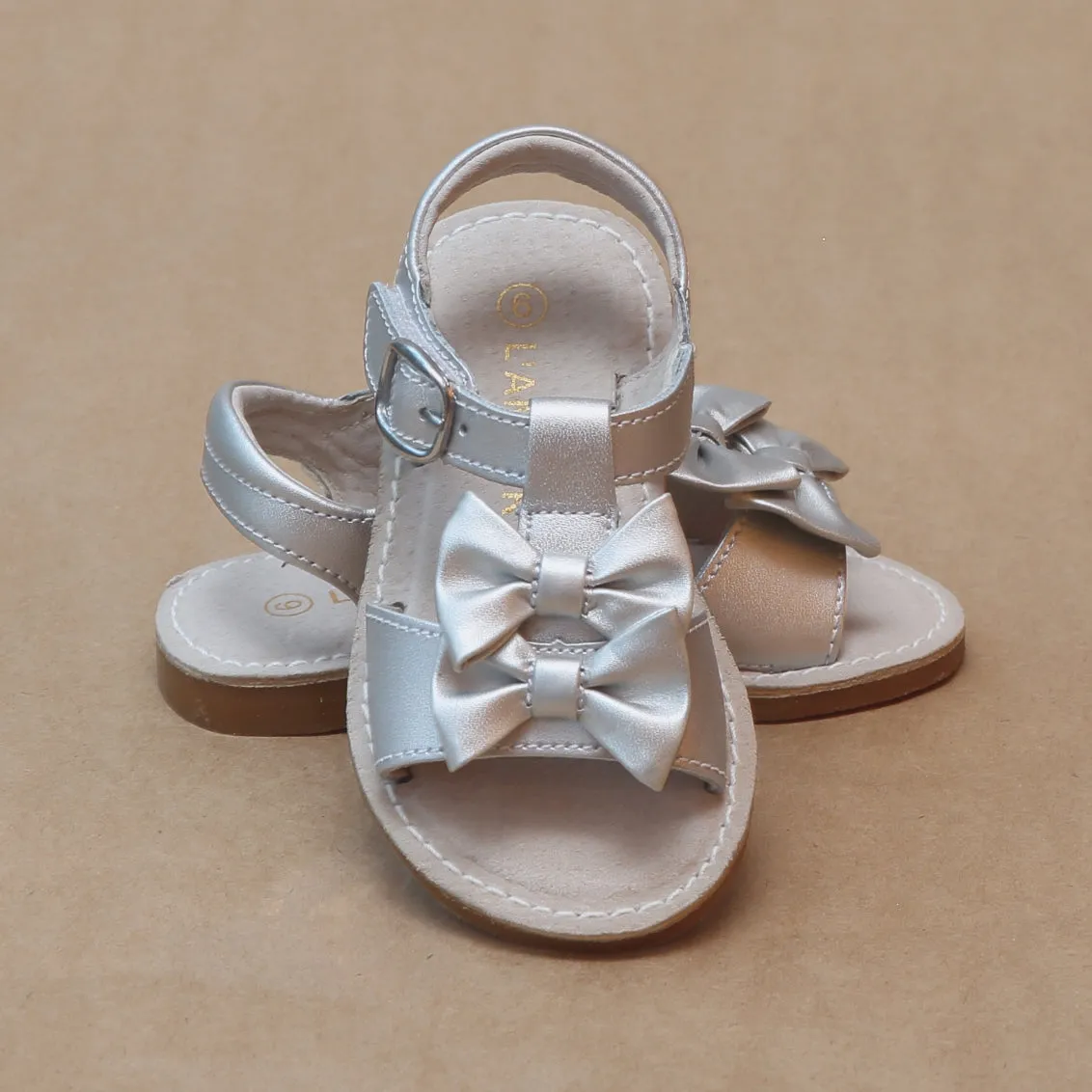 L'Amour Girls Serena Double Bow Open Toe Leather Sandal