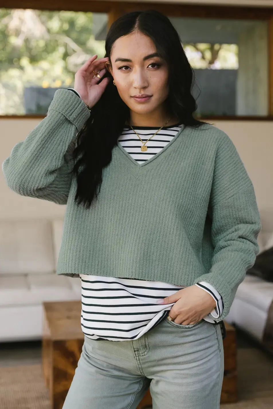 Lyra V-Neck Sweater in Sage