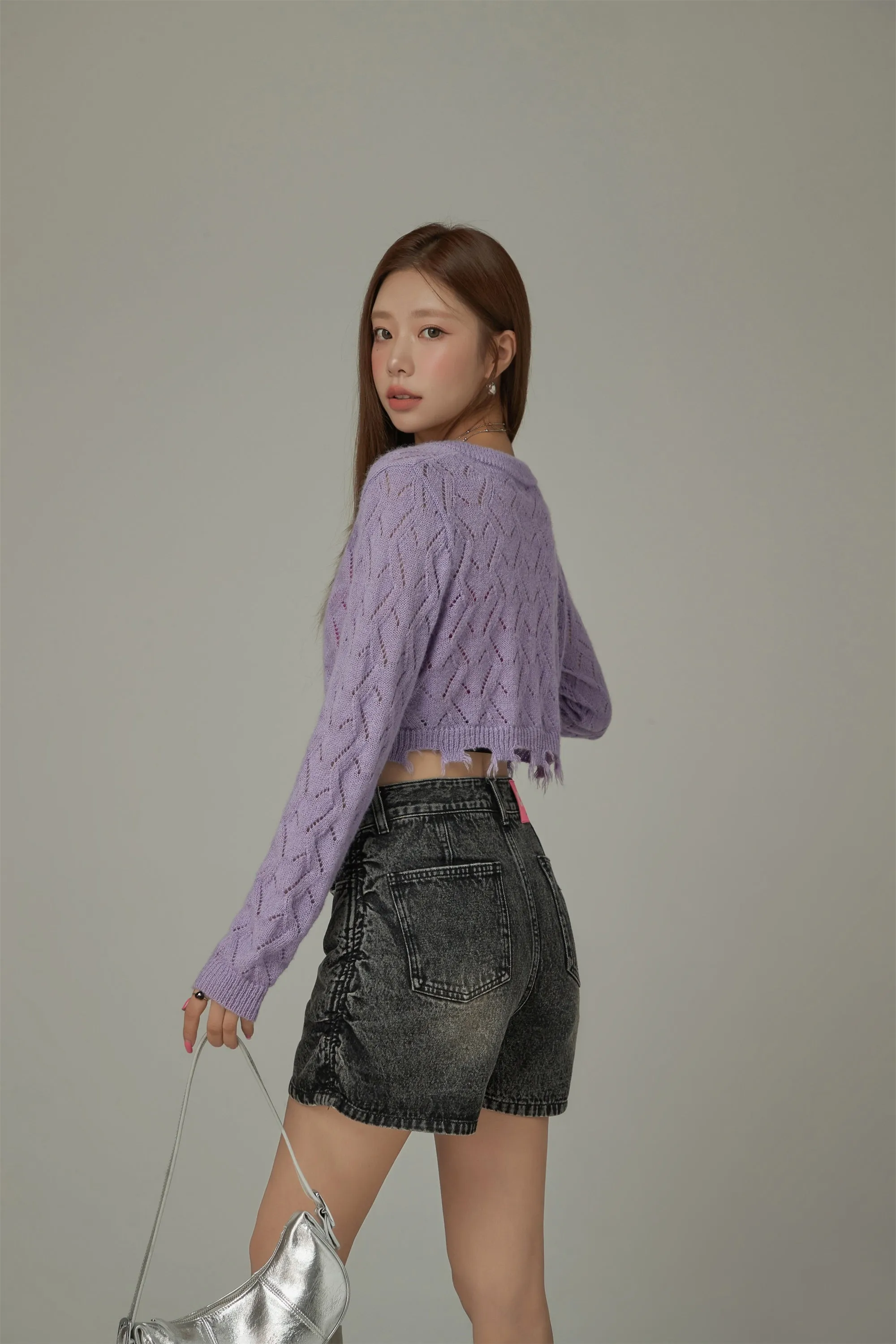 Maxi Crop Long Sleeve Eyelet Knit Sweater