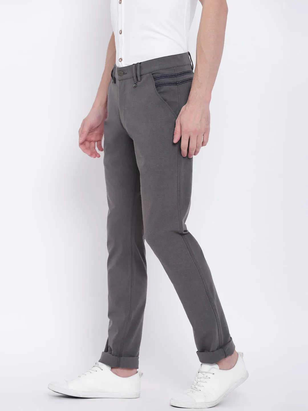 Men Casual Solid Charcoal Chinos