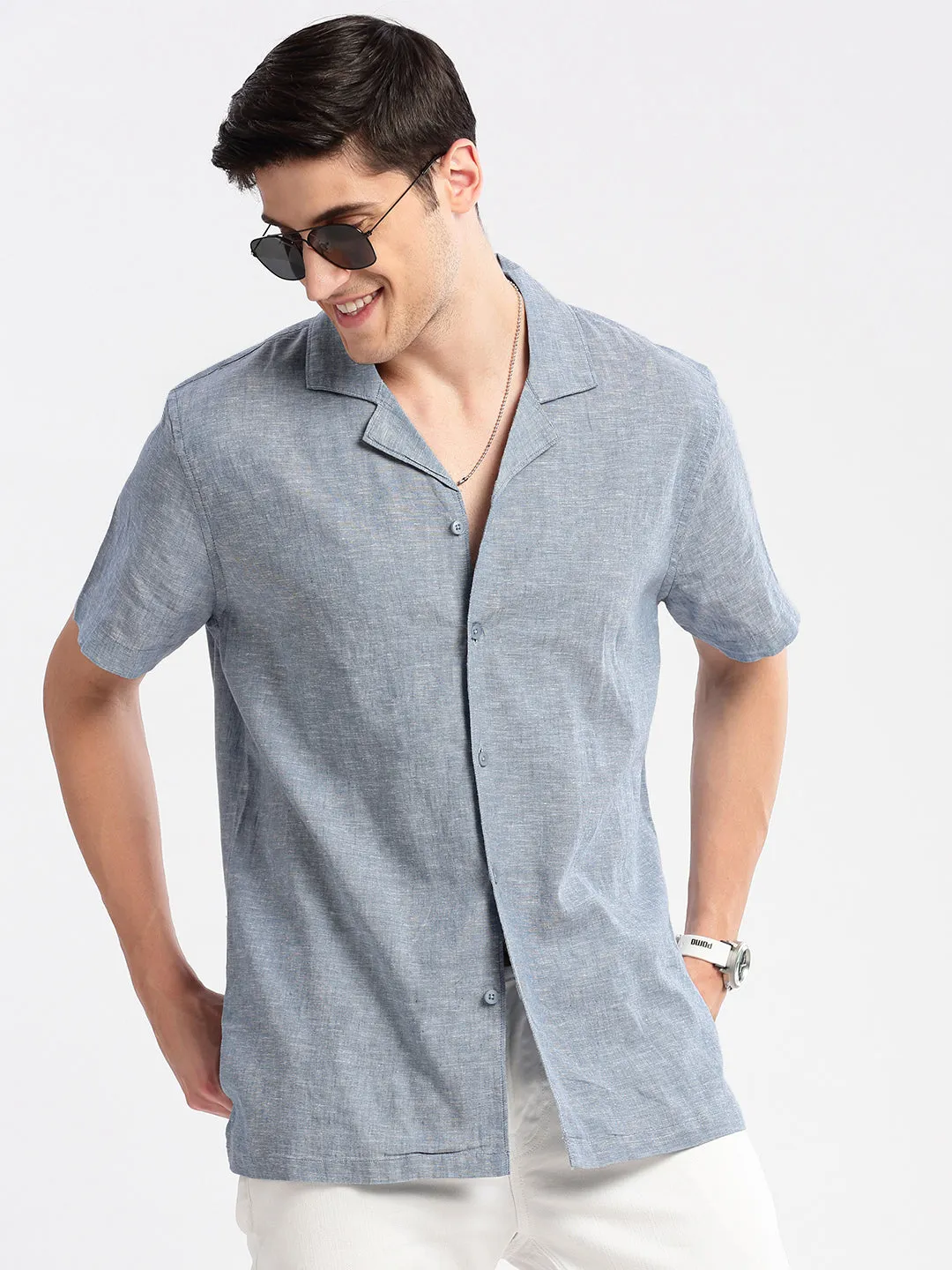 Men Cuban Collar Solid Blue Casual Shirt