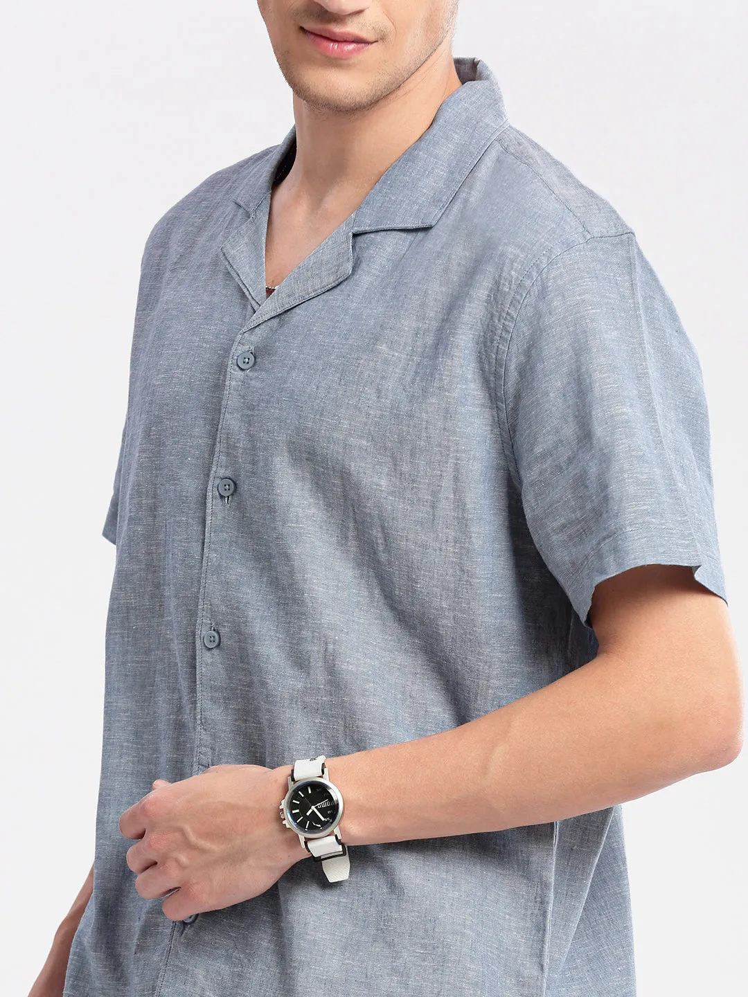 Men Cuban Collar Solid Blue Casual Shirt