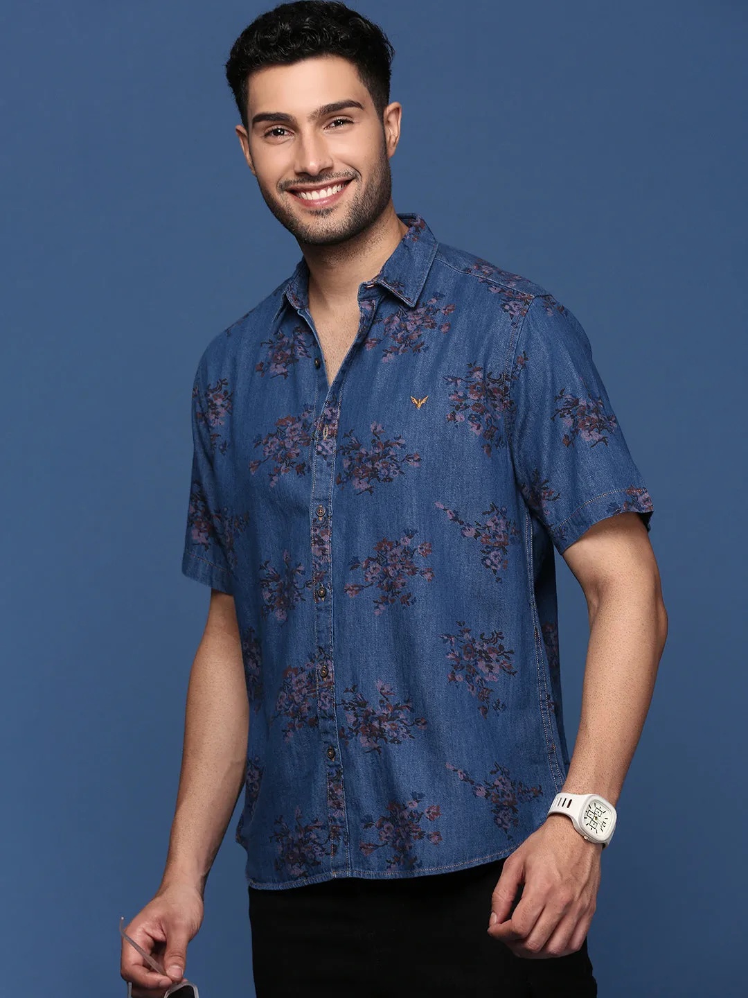 Men Floral Blue Slim Fit Shirt