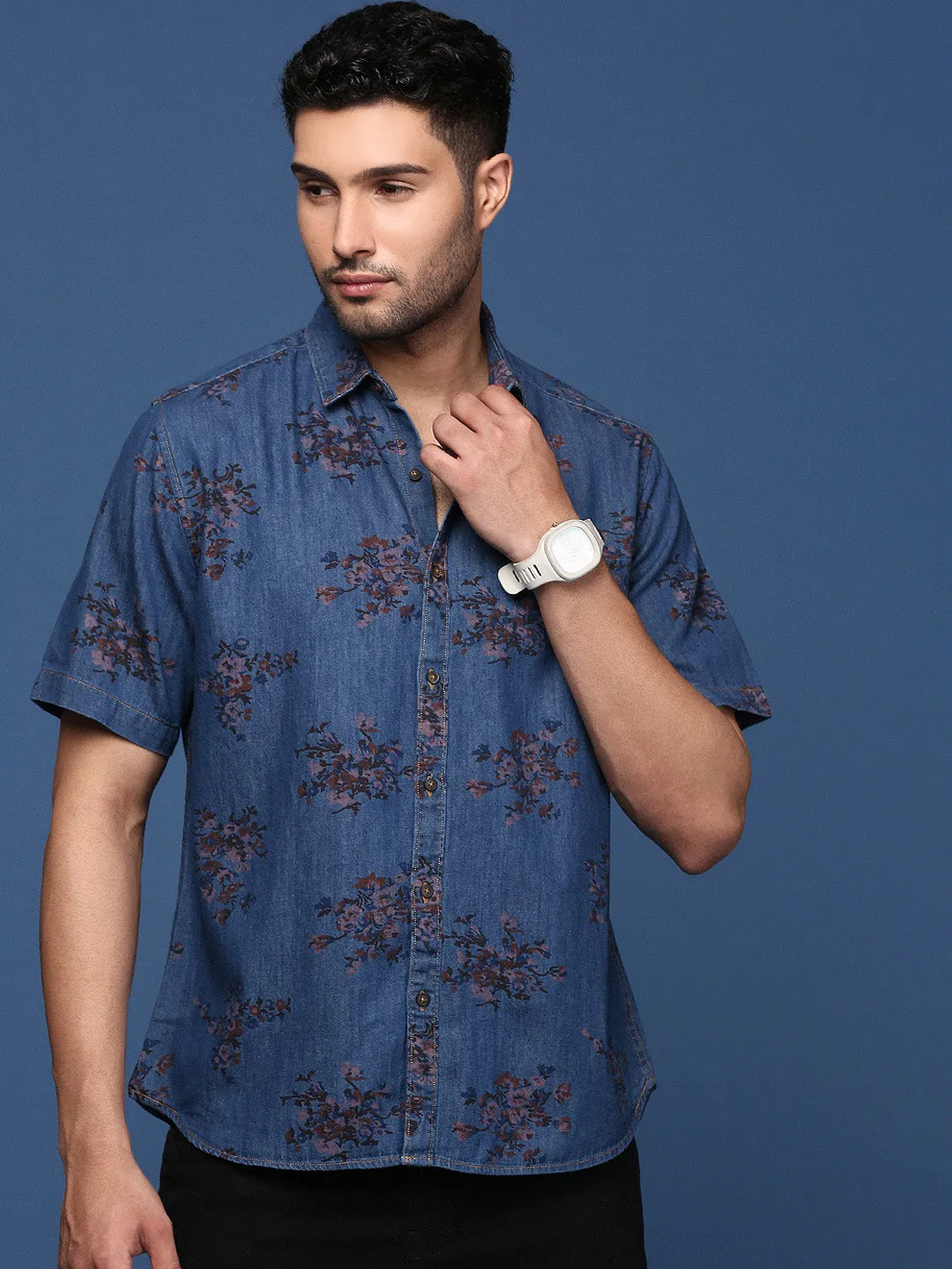 Men Floral Blue Slim Fit Shirt