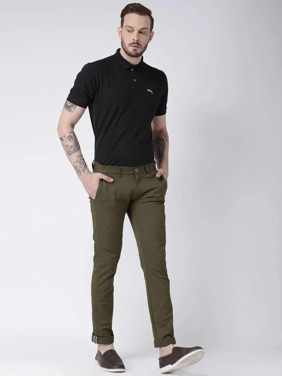 Men Olive Slim Fit Solid Chinos