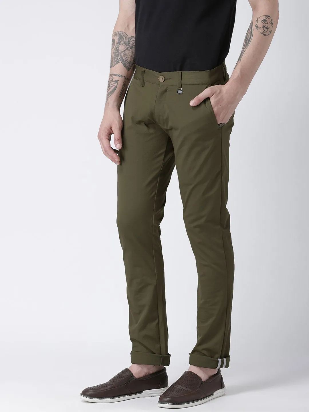 Men Olive Slim Fit Solid Chinos