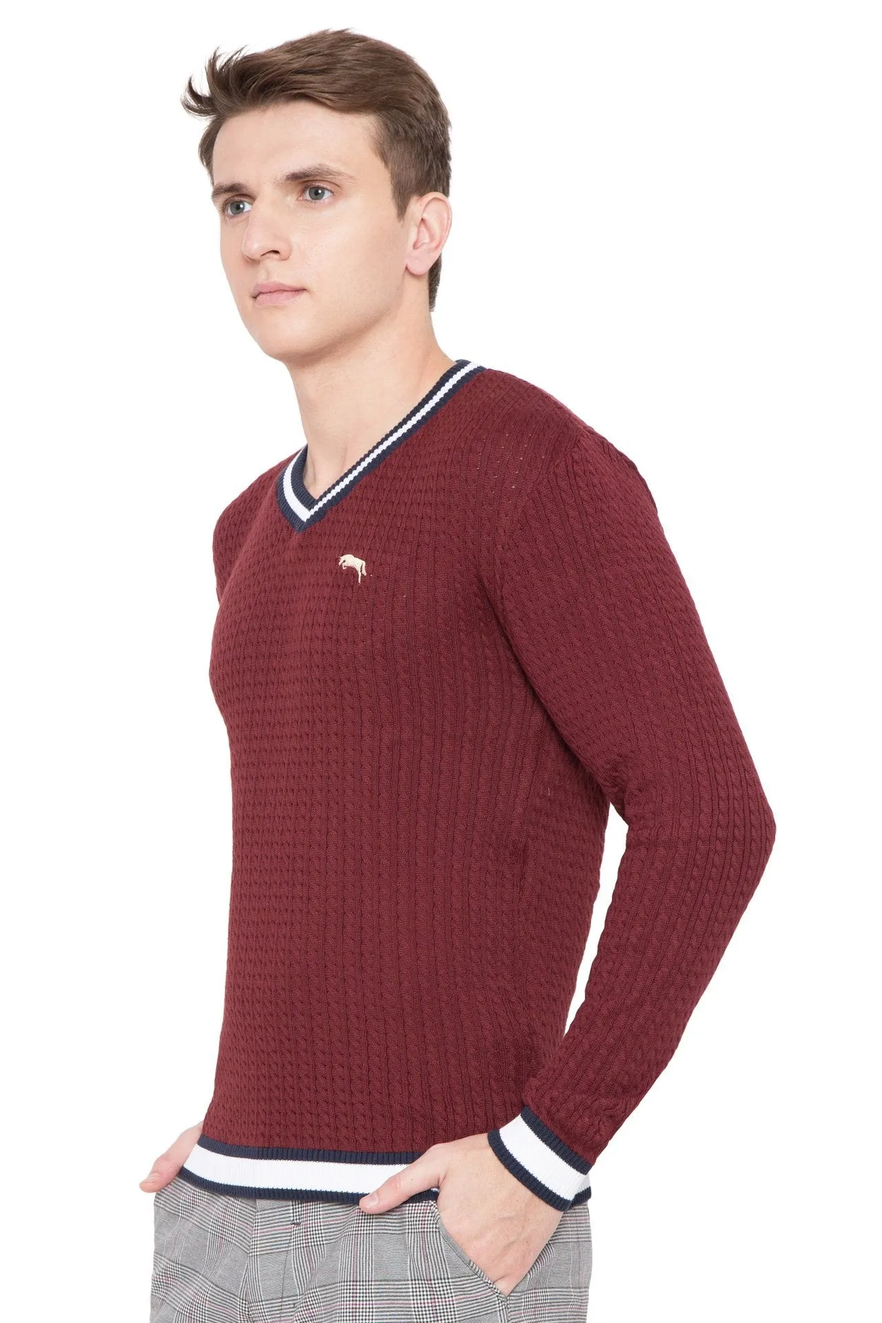 Men Regular Fit Cotton Casual Wine Lightweight Sweater