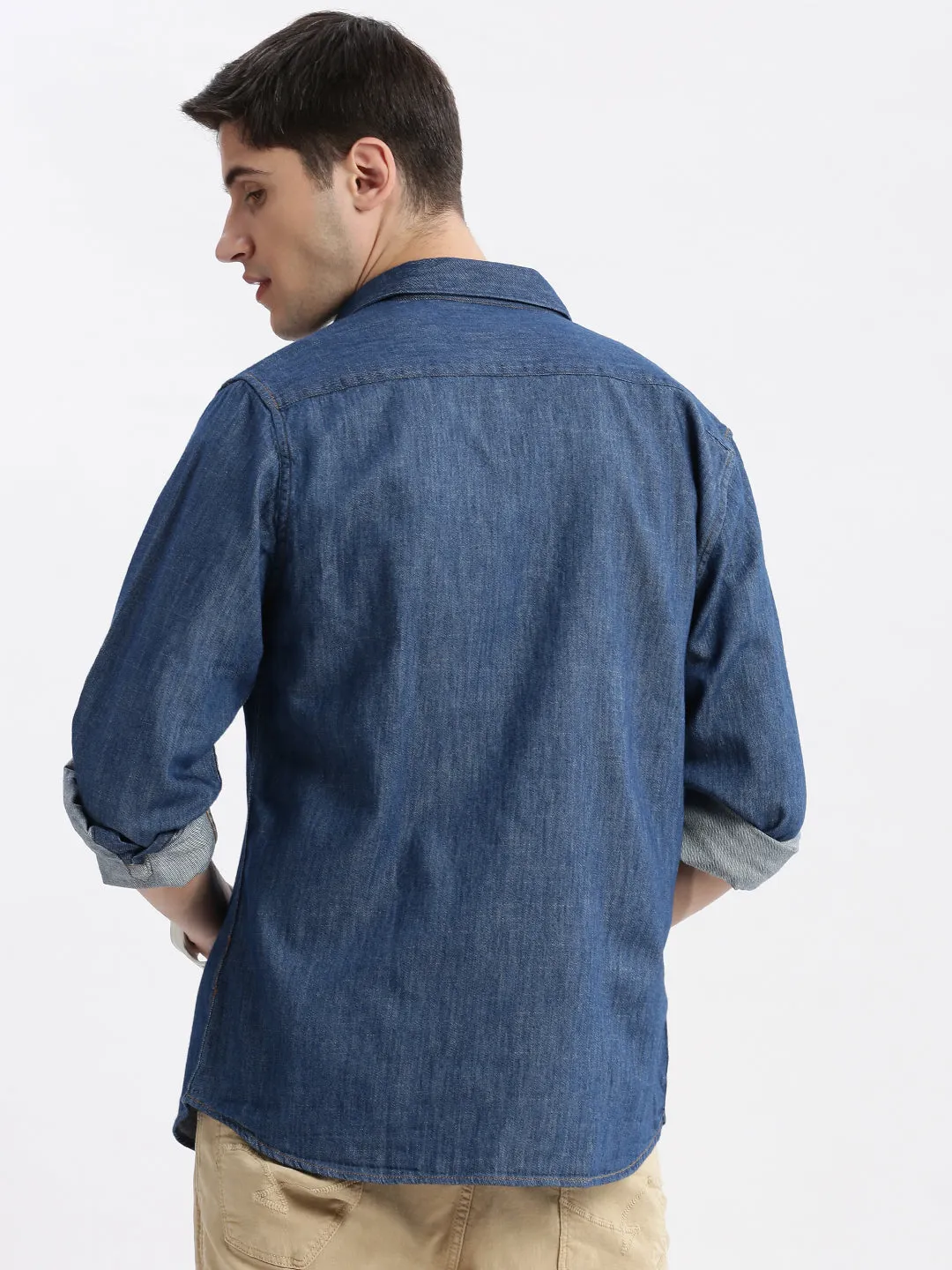 Men Spread Collar Solid Blue Shirt