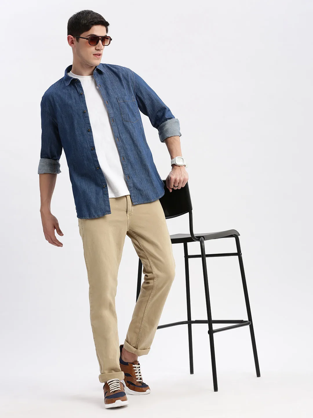 Men Spread Collar Solid Blue Shirt