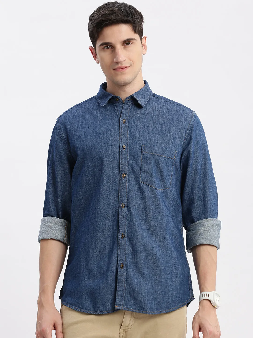 Men Spread Collar Solid Blue Shirt