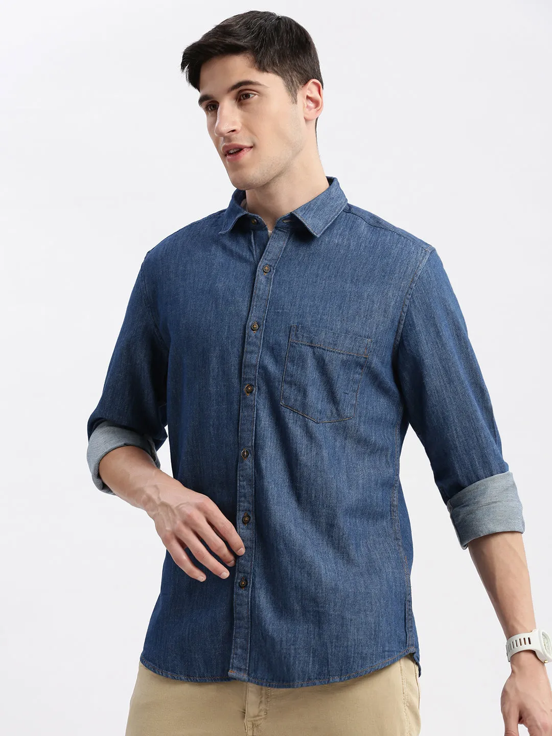 Men Spread Collar Solid Blue Shirt