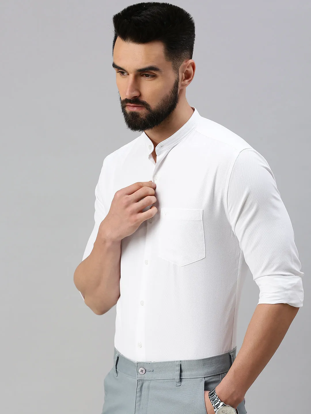 Men White Self Design Casual Shirt