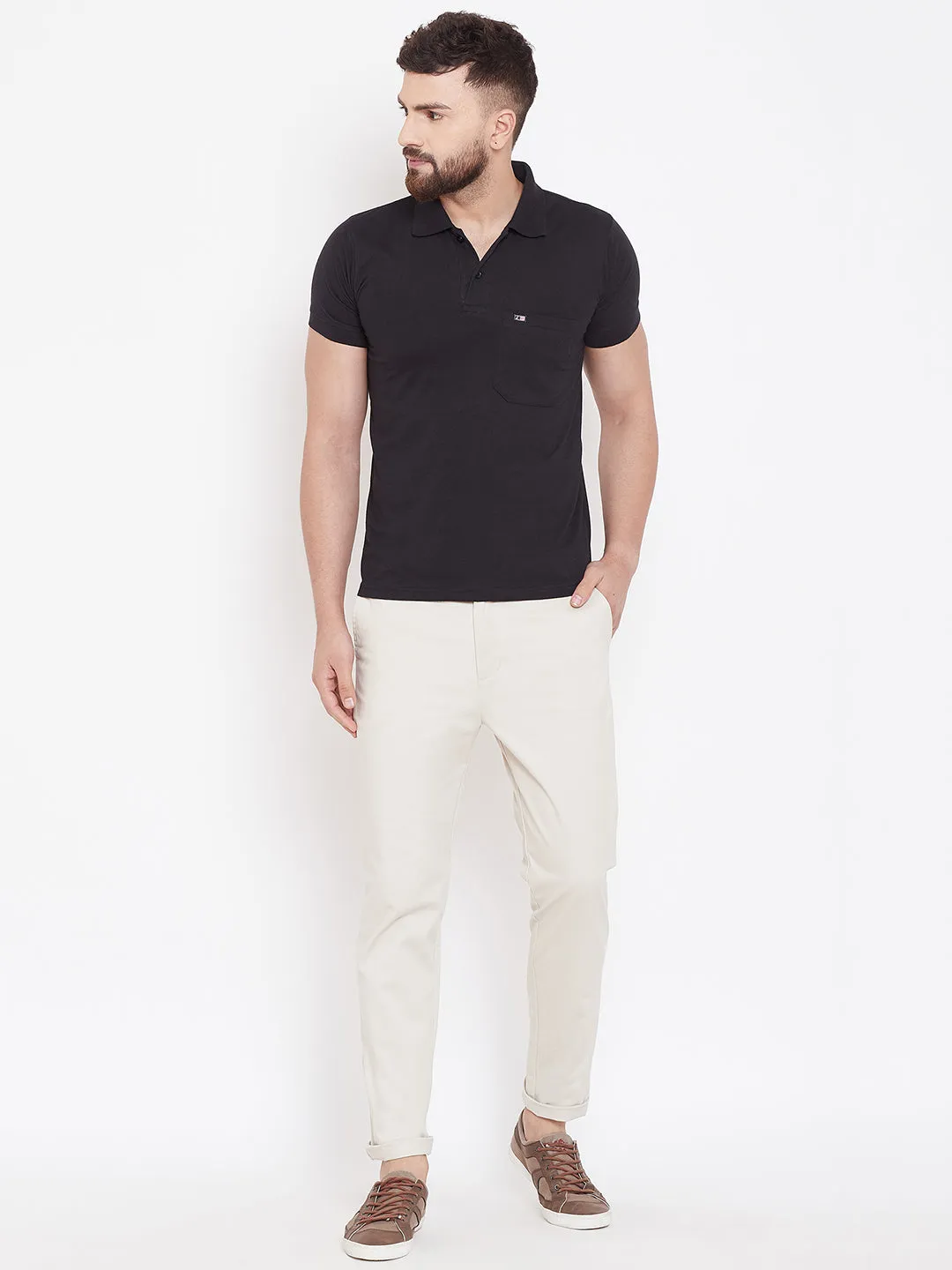 Men's Cream Stretch Washed Casual Tailored Fit Chinos