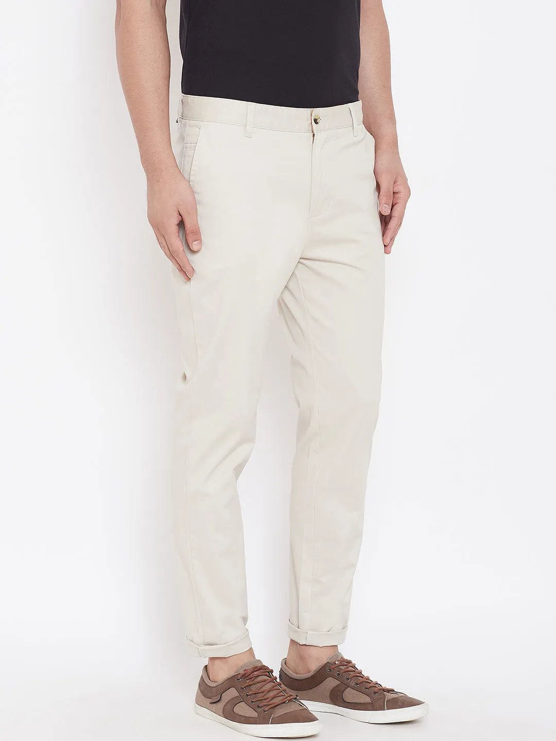 Men's Cream Stretch Washed Casual Tailored Fit Chinos