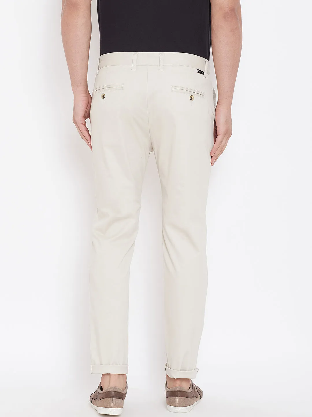 Men's Cream Stretch Washed Casual Tailored Fit Chinos