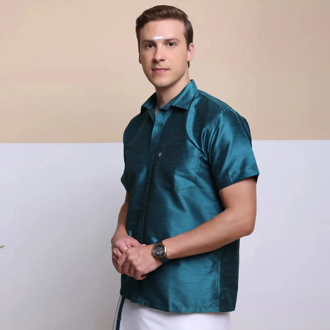 Men's Ethnic Wear Silk Shirt (Cyan)