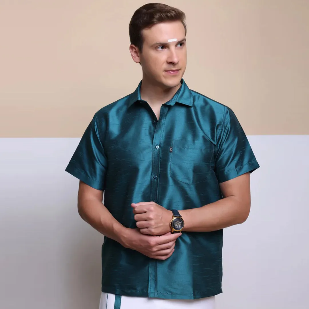 Men's Ethnic Wear Silk Shirt (Cyan)