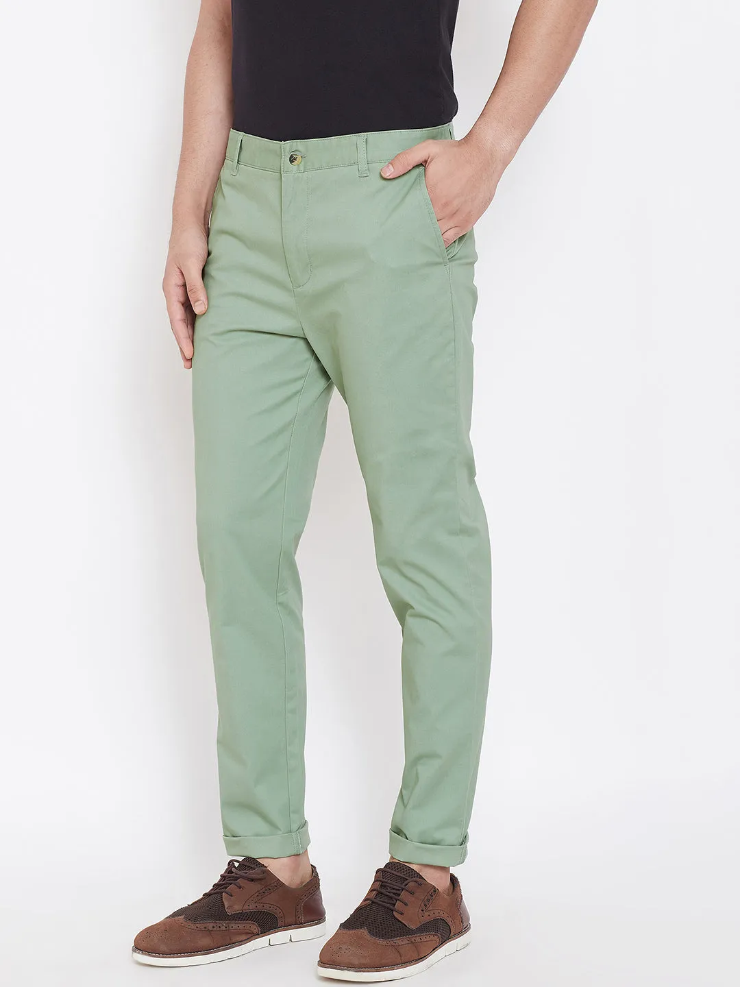 Men's Fern Green Stretch Washed Casual Tailored Fit Chinos