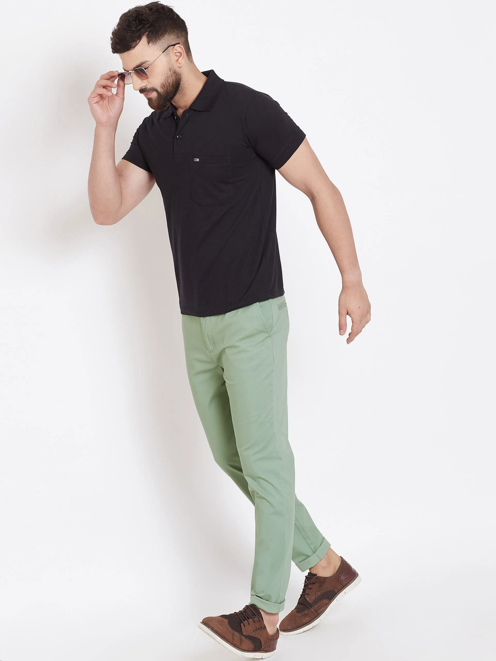 Men's Fern Green Stretch Washed Casual Tailored Fit Chinos