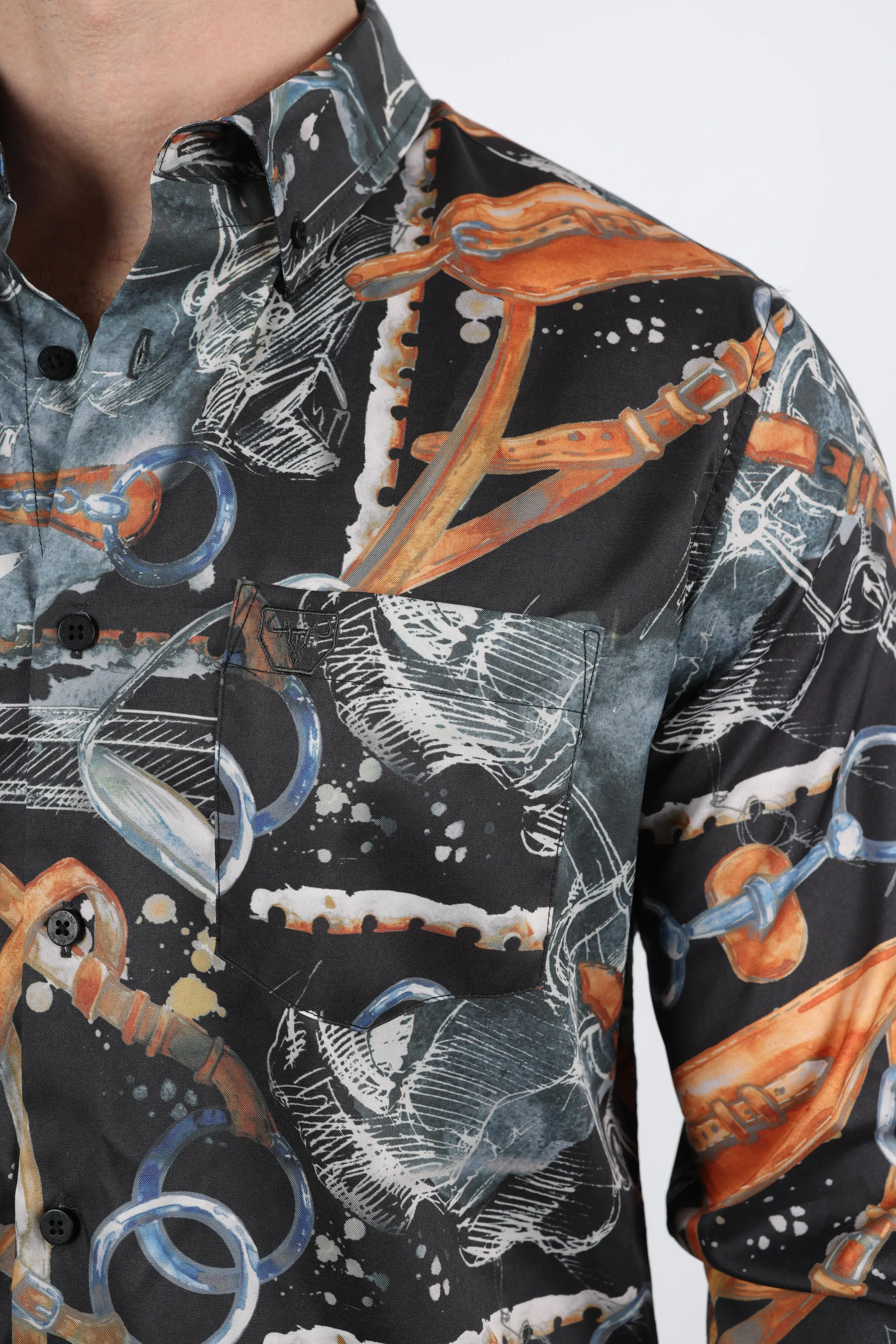 Mens Long Sleeve Modern Fit Stretch Wild Horses Print Shirt