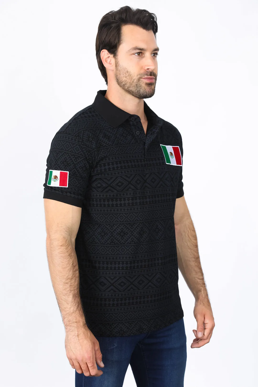 Mens Modern Fit Stretch MEXICO Cotton Polo with Aztec Print