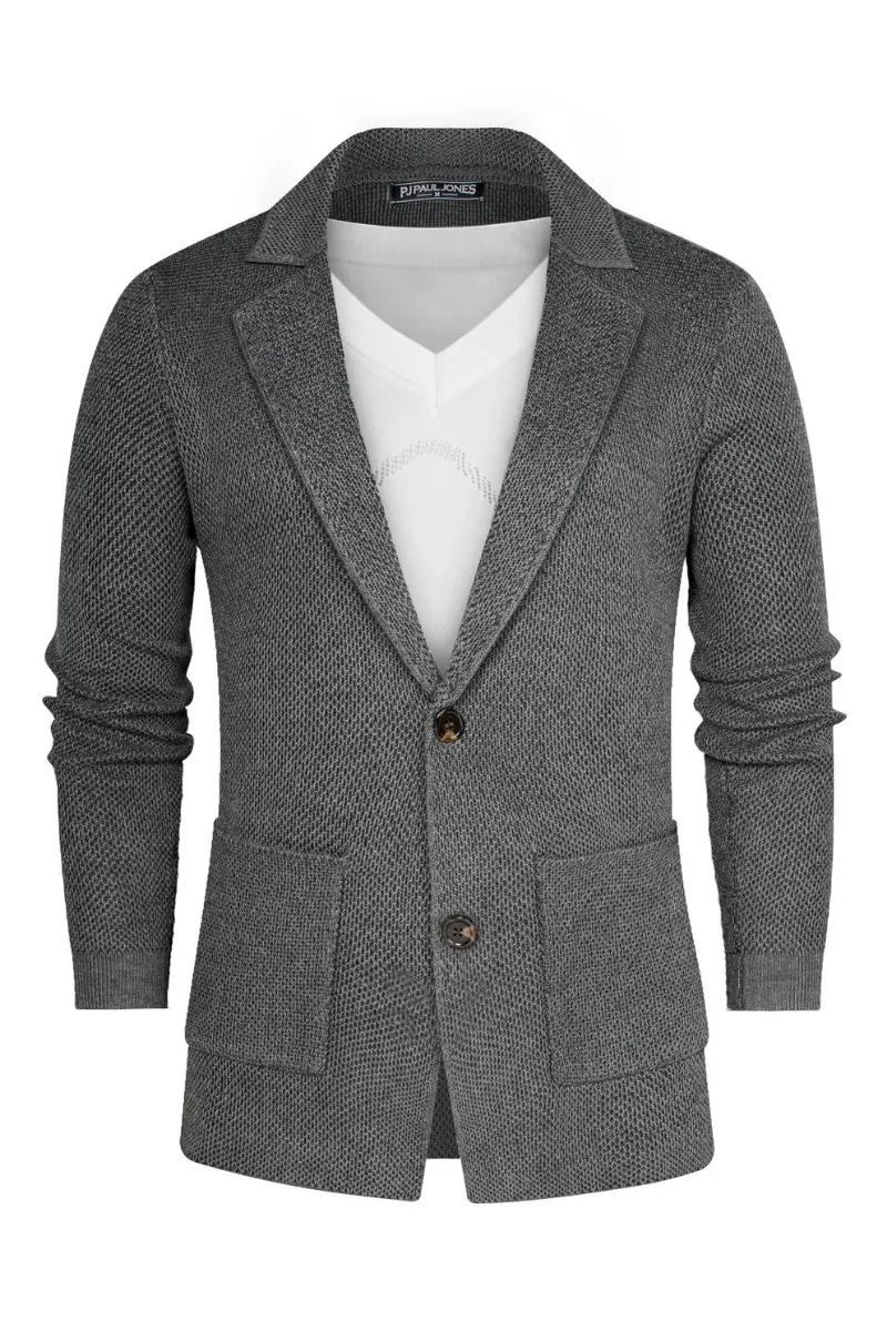 Mens Notch Collar Cardigan Sweaters Knit Textured Sweater Button Down Blazer with Pockets