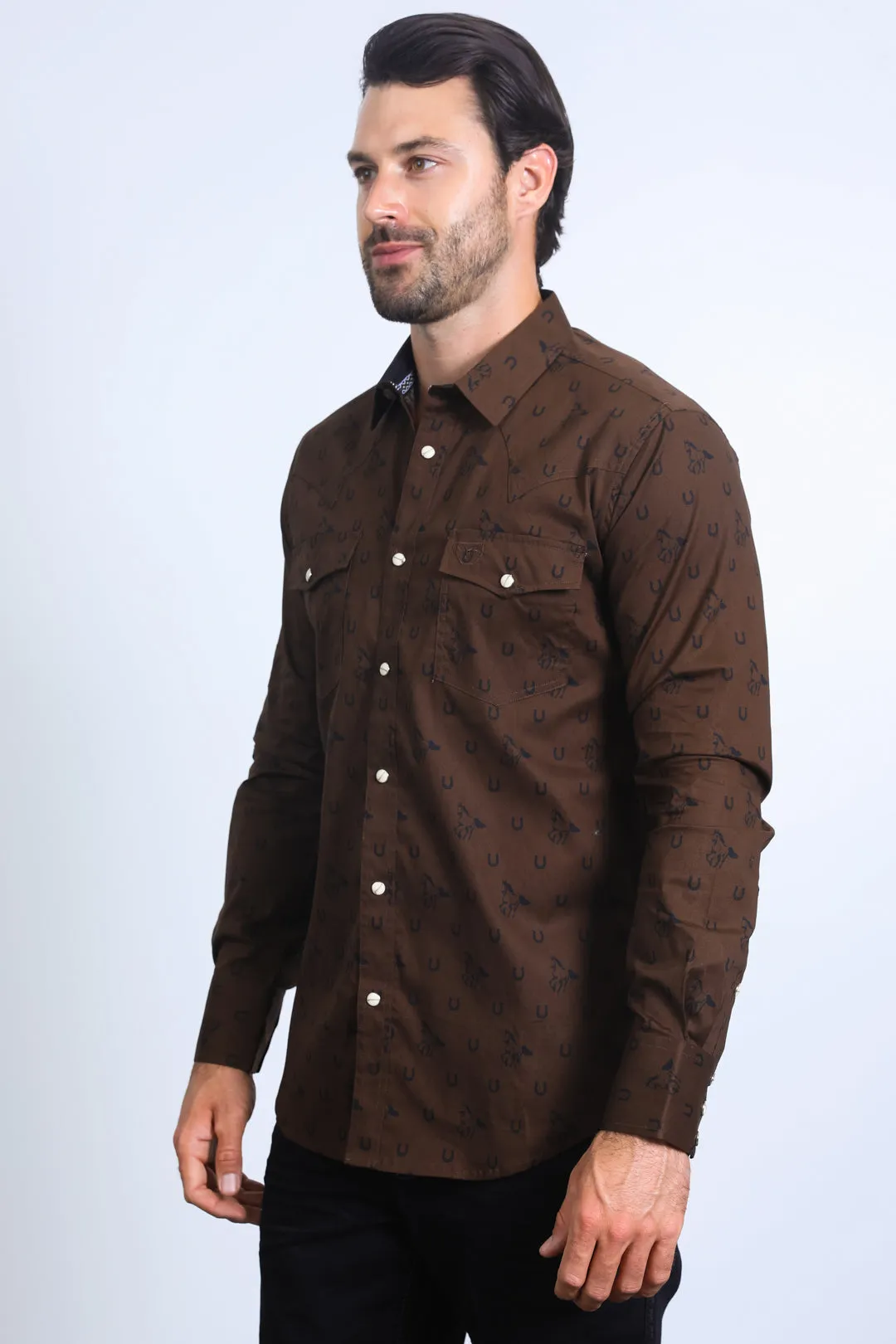 Mens Western Modern Fit Cotton/Spandex Long Sleeve Brown Shirt with Snaps