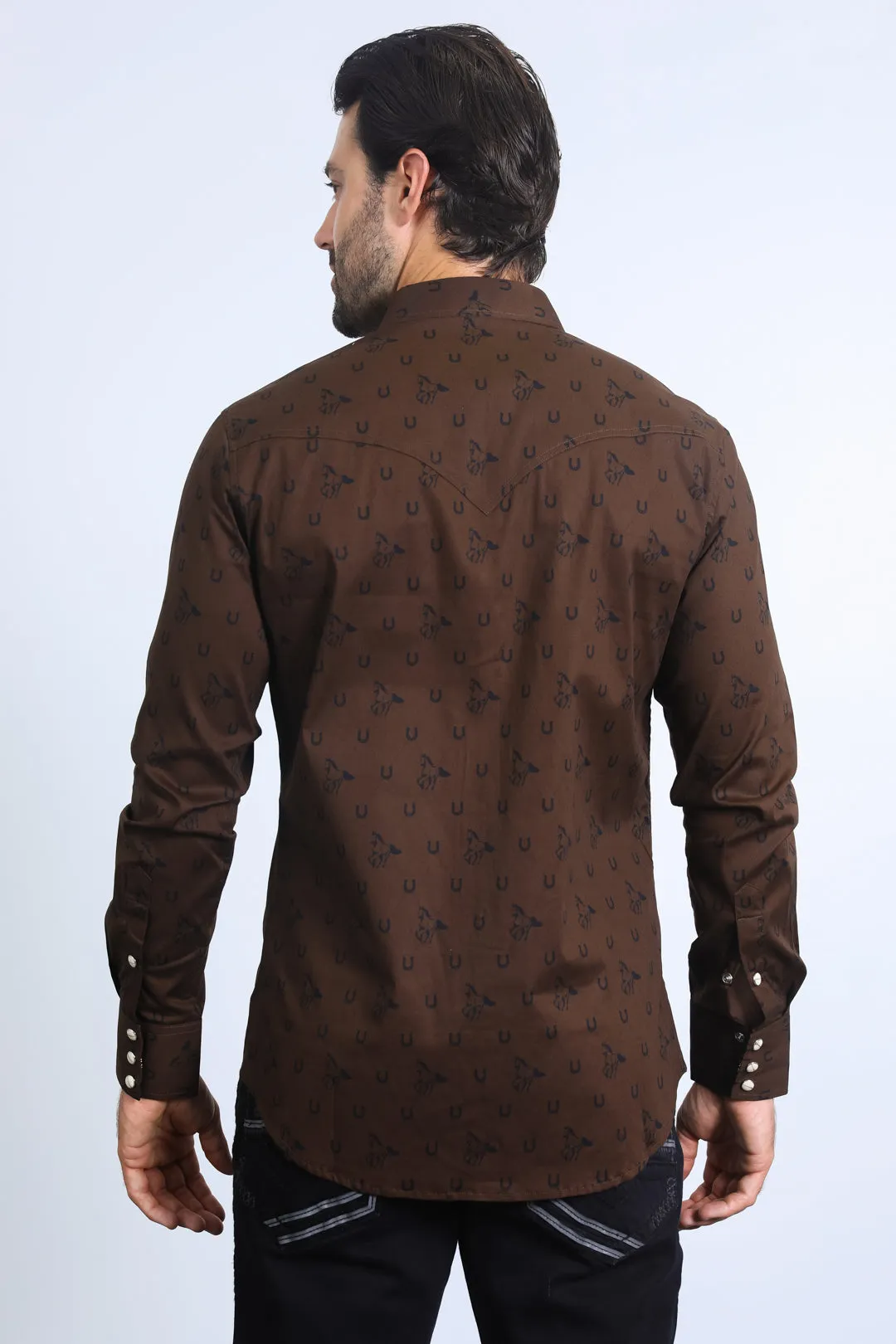 Mens Western Modern Fit Cotton/Spandex Long Sleeve Brown Shirt with Snaps