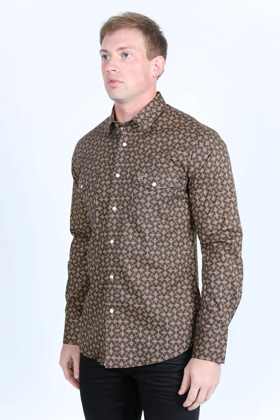 Mens Western Modern Fit Cotton/Spandex Long Sleeve Shirt with Snaps - Brown