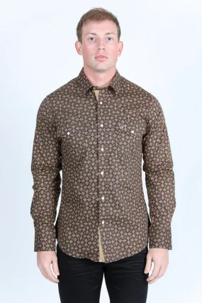 Mens Western Modern Fit Cotton/Spandex Long Sleeve Shirt with Snaps - Brown