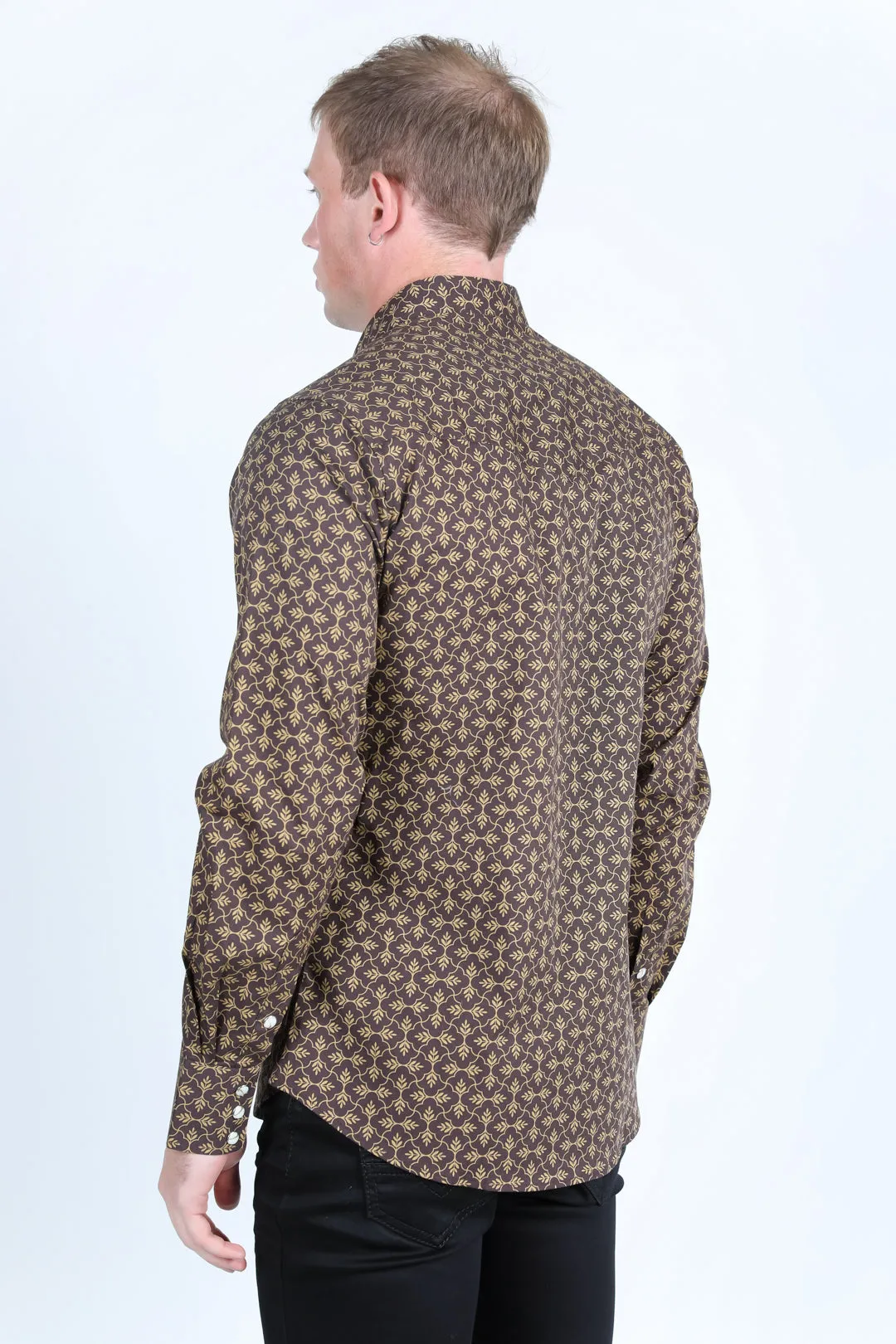 Mens Western Modern Fit Cotton/Spandex Long Sleeve Shirt with Snaps - Brown