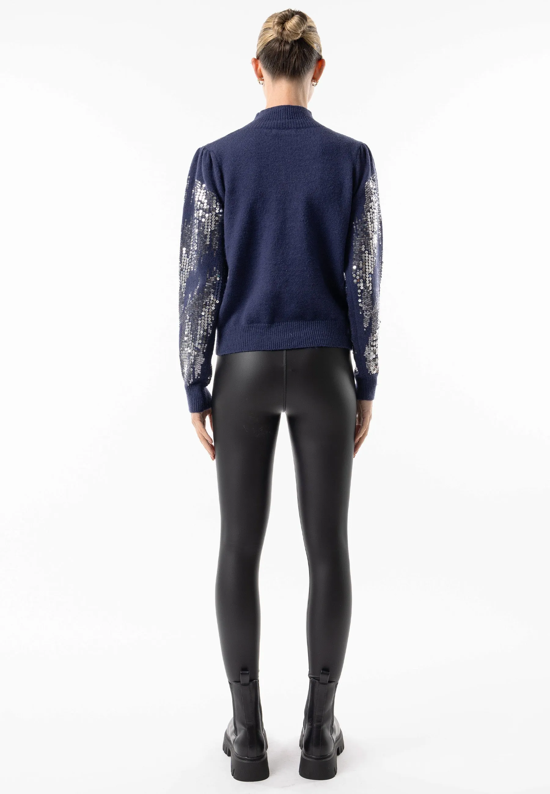 Navy High Neck Jumper with Silver Sequin Detail