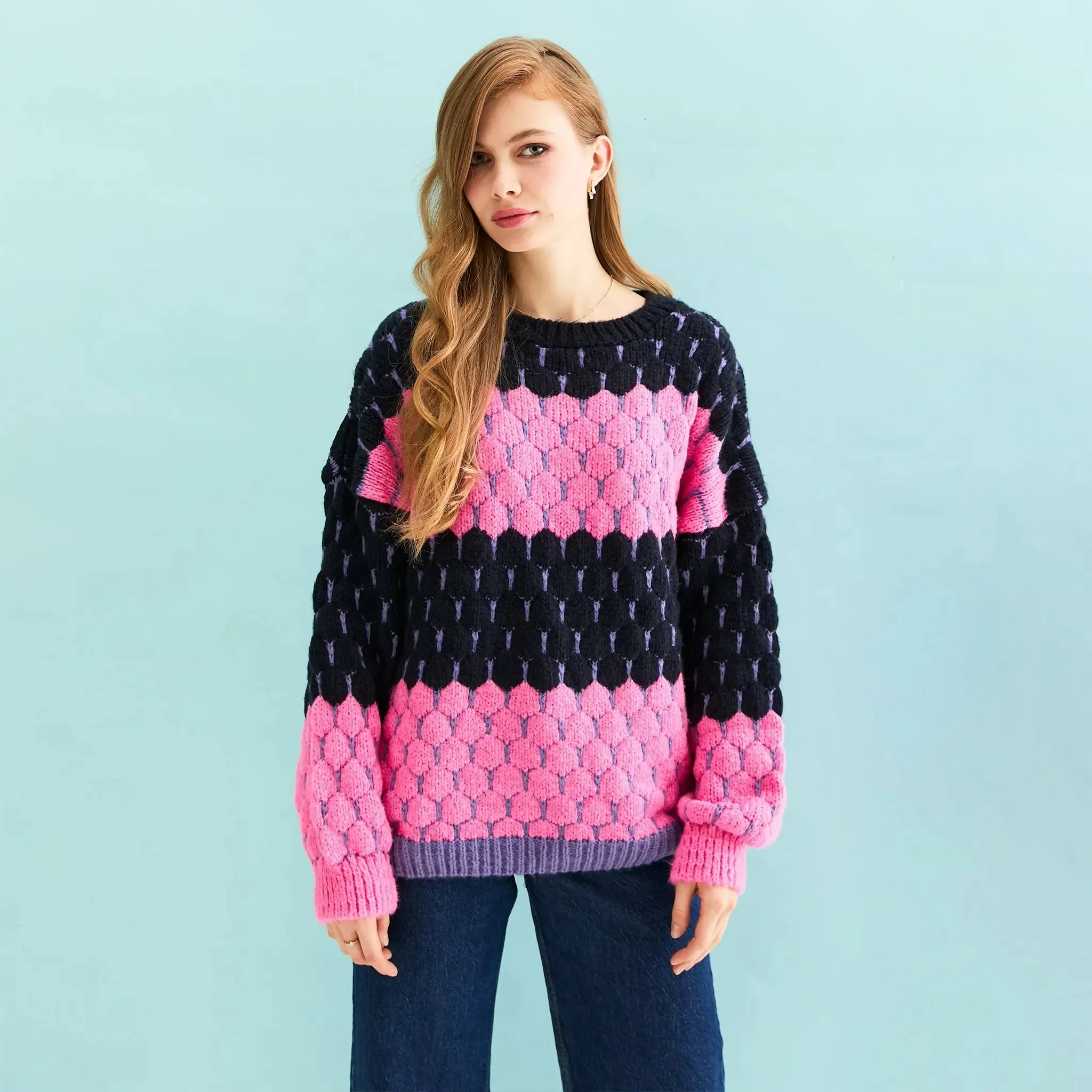 Navy Marissa Stripe Bubble Stitch Jumper