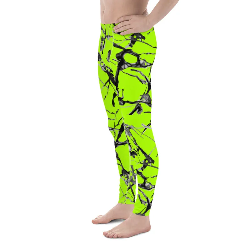 Neon Green Marble Print Meggings, Premium Rave Party Men's Leggings- Made in USA/EU