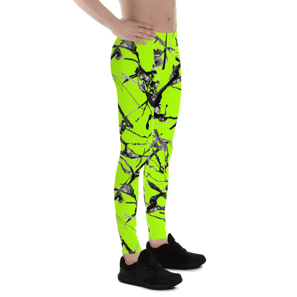 Neon Green Marble Print Meggings, Premium Rave Party Men's Leggings- Made in USA/EU