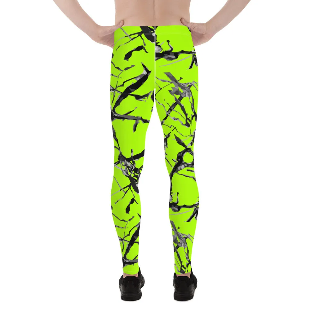 Neon Green Marble Print Meggings, Premium Rave Party Men's Leggings- Made in USA/EU