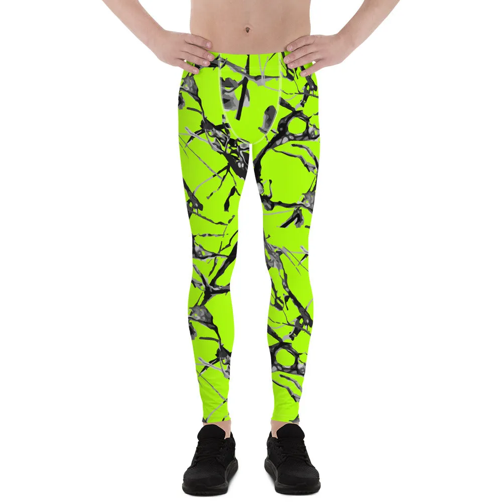 Neon Green Marble Print Meggings, Premium Rave Party Men's Leggings- Made in USA/EU