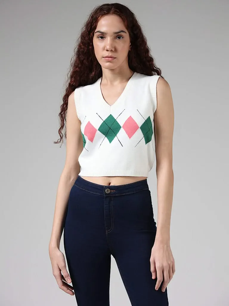 Nuon White Printed Crop Sweater Vest