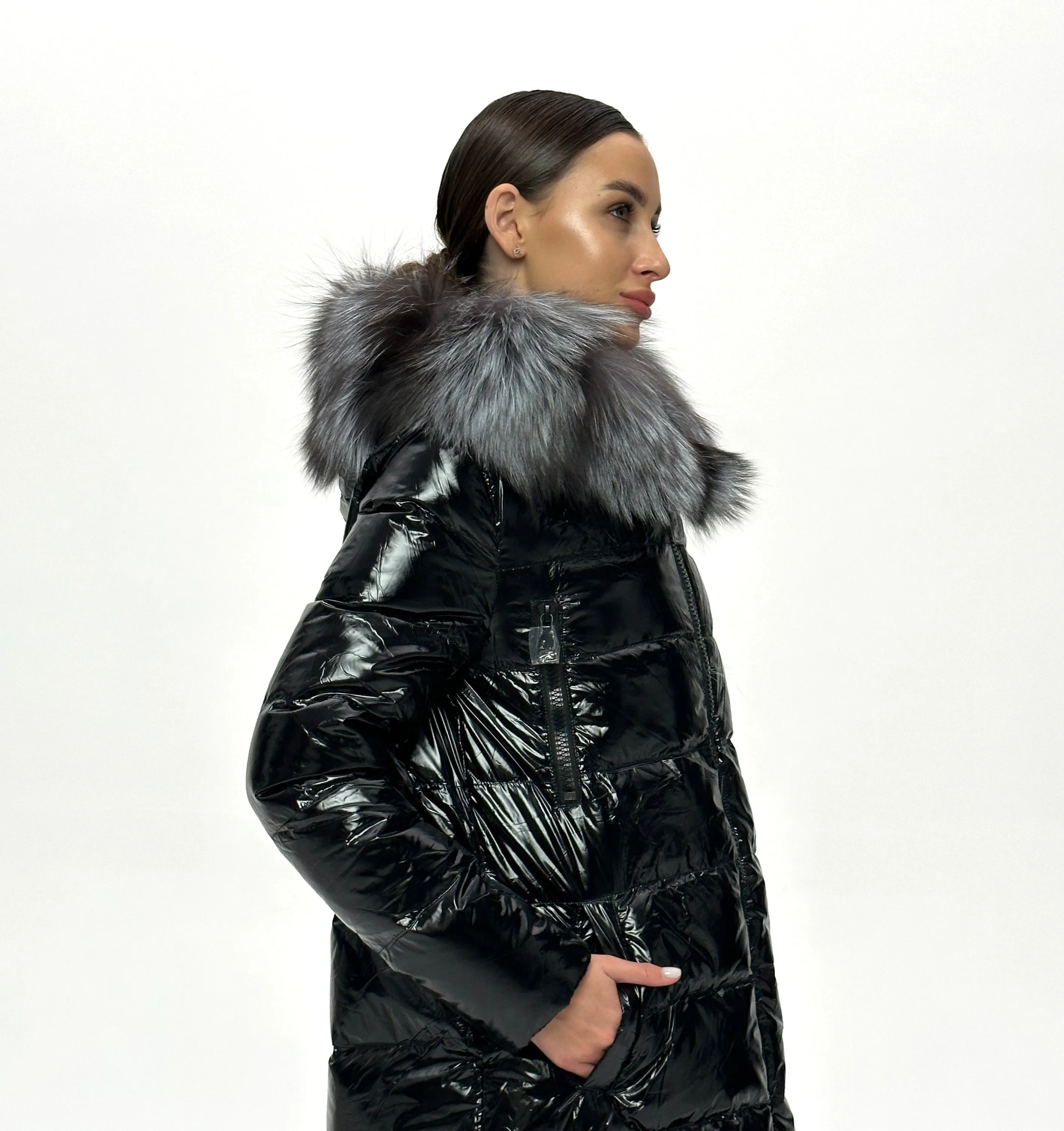 Onyx Genuine Silver Fox Down Parka 107cm