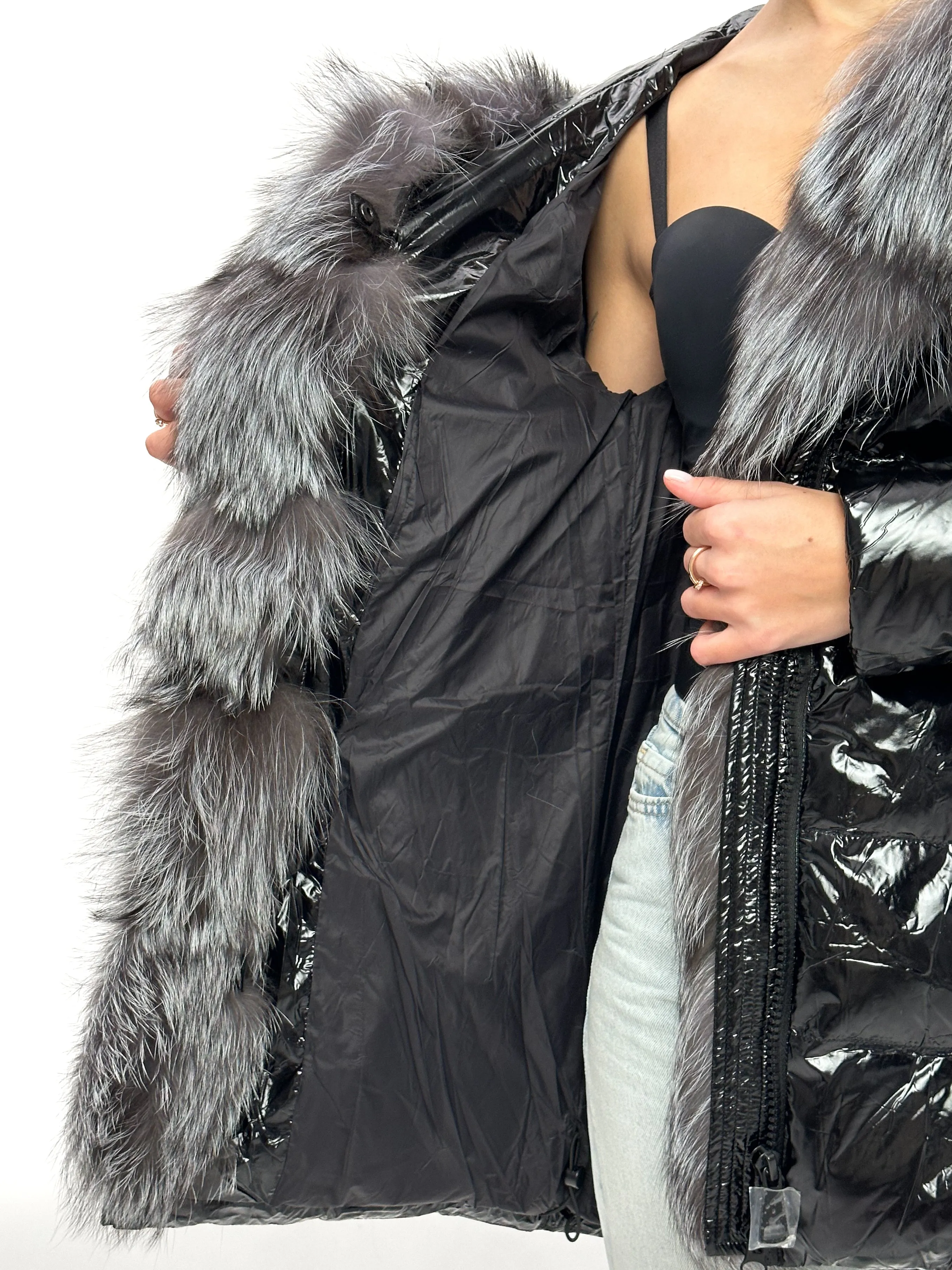 Onyx Genuine Silver Fox Down Parka 107cm