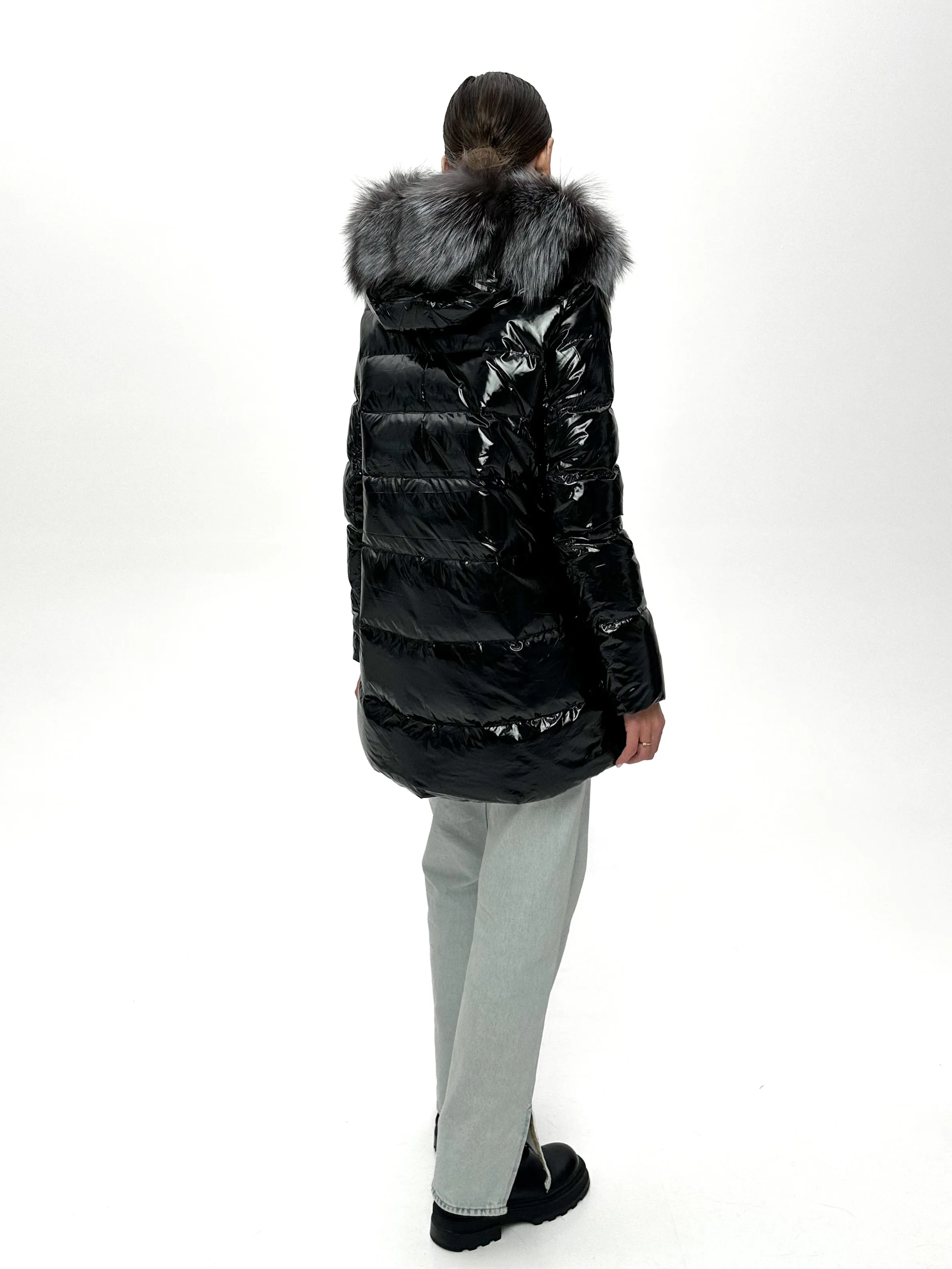 Onyx Genuine Silver Fox Fur Down Parka 85cm