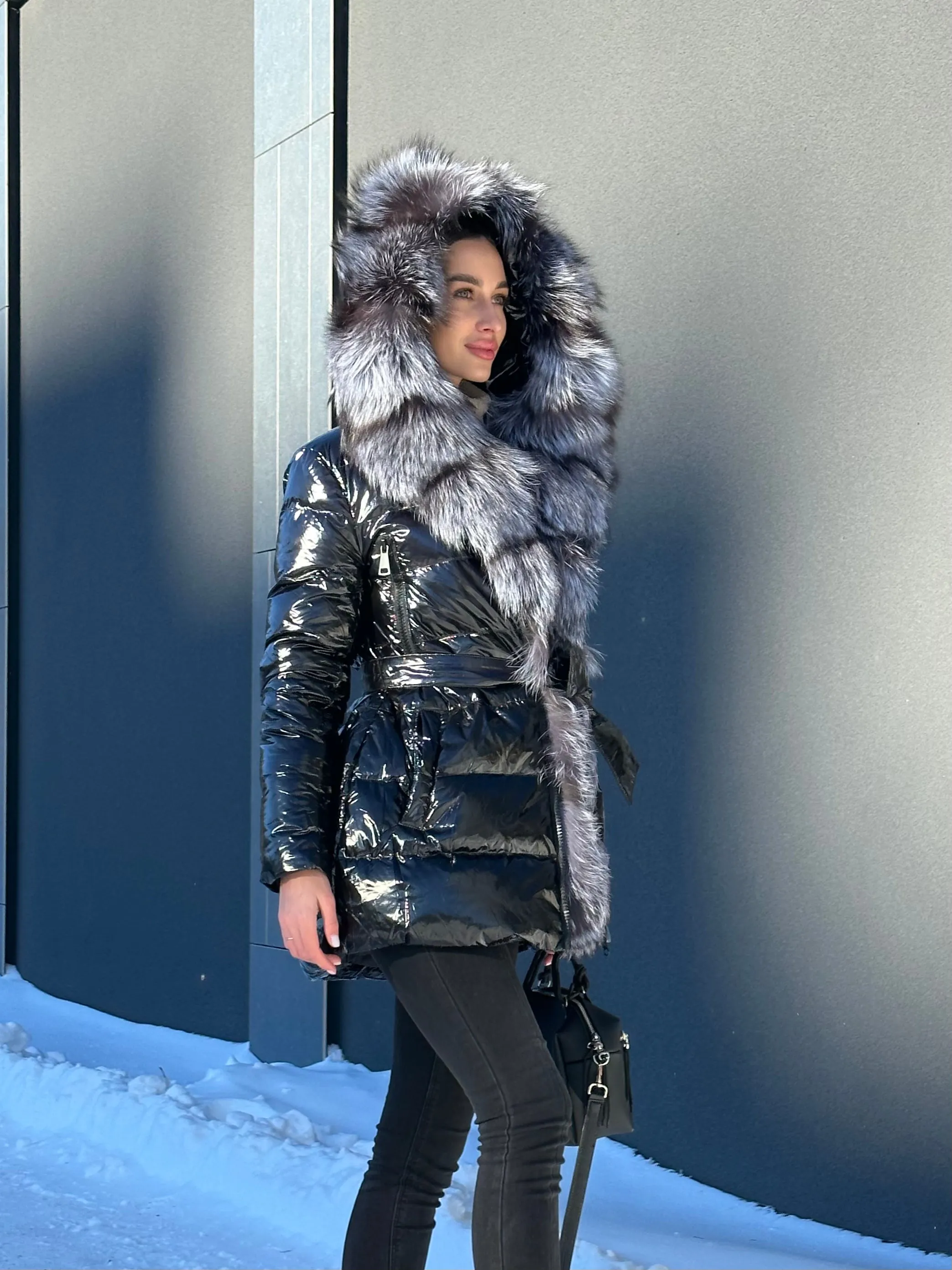 Onyx Genuine Silver Fox Fur Down Parka 85cm