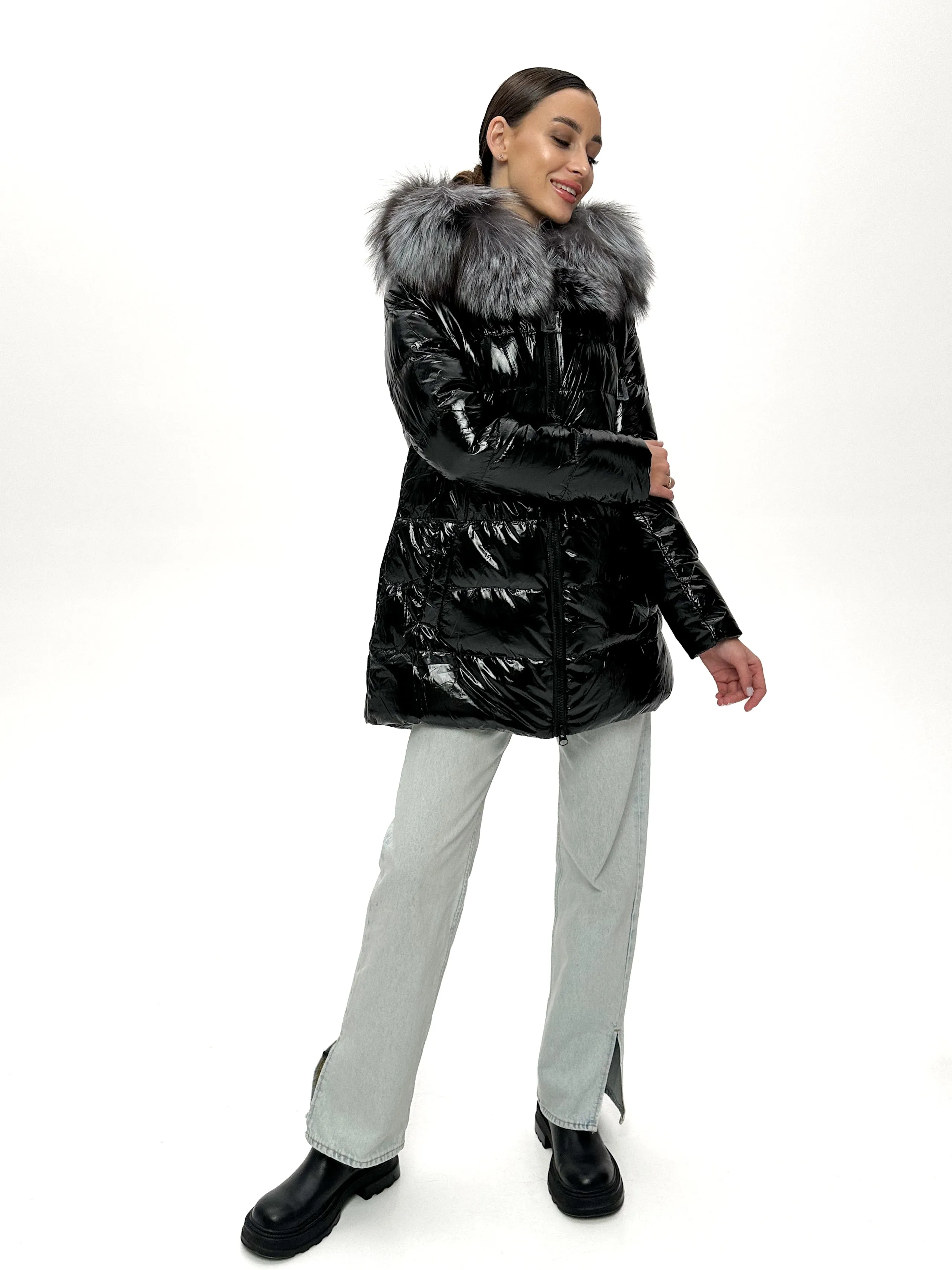 Onyx Genuine Silver Fox Fur Down Parka 85cm