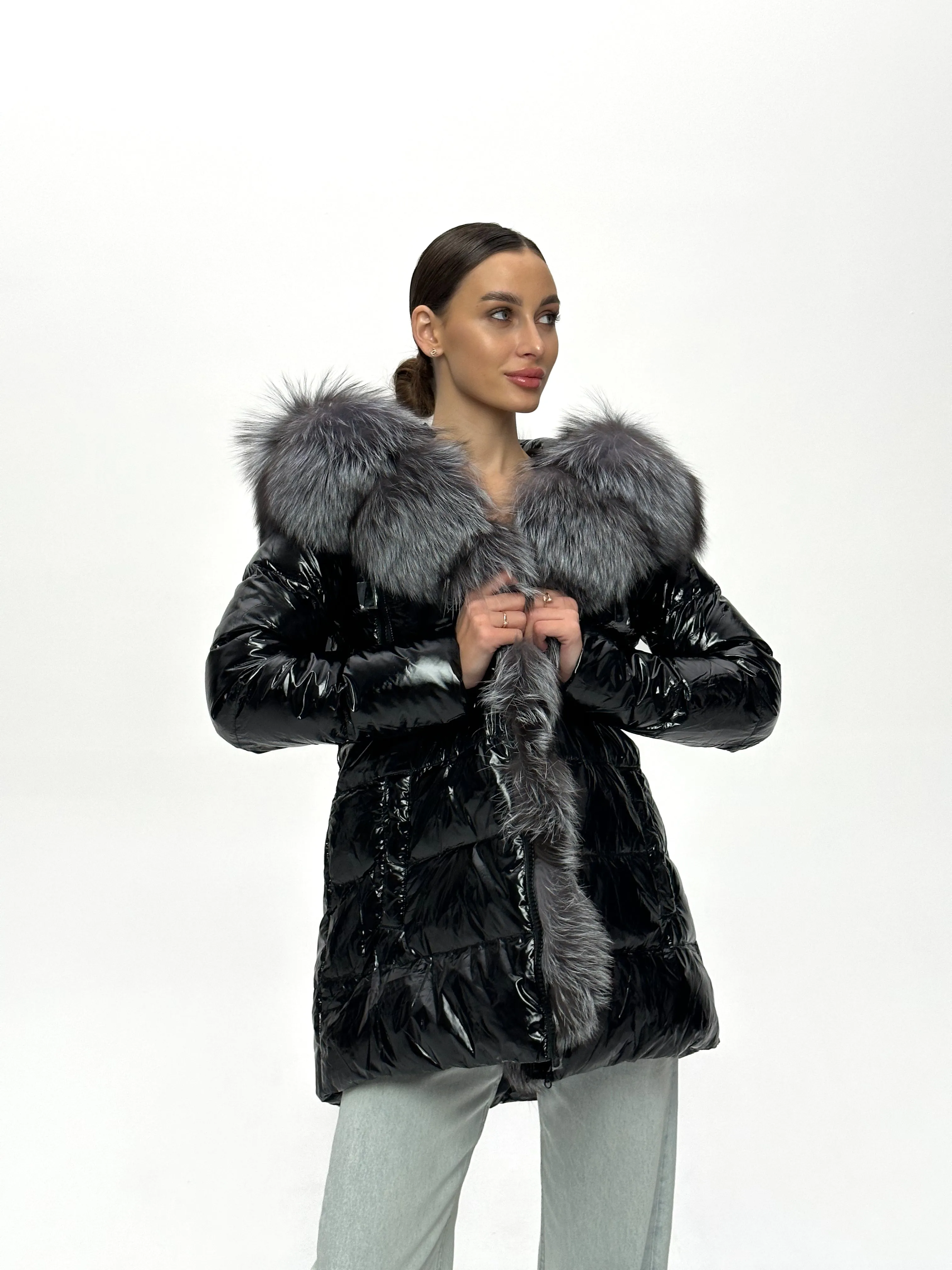 Onyx Genuine Silver Fox Fur Down Parka 85cm