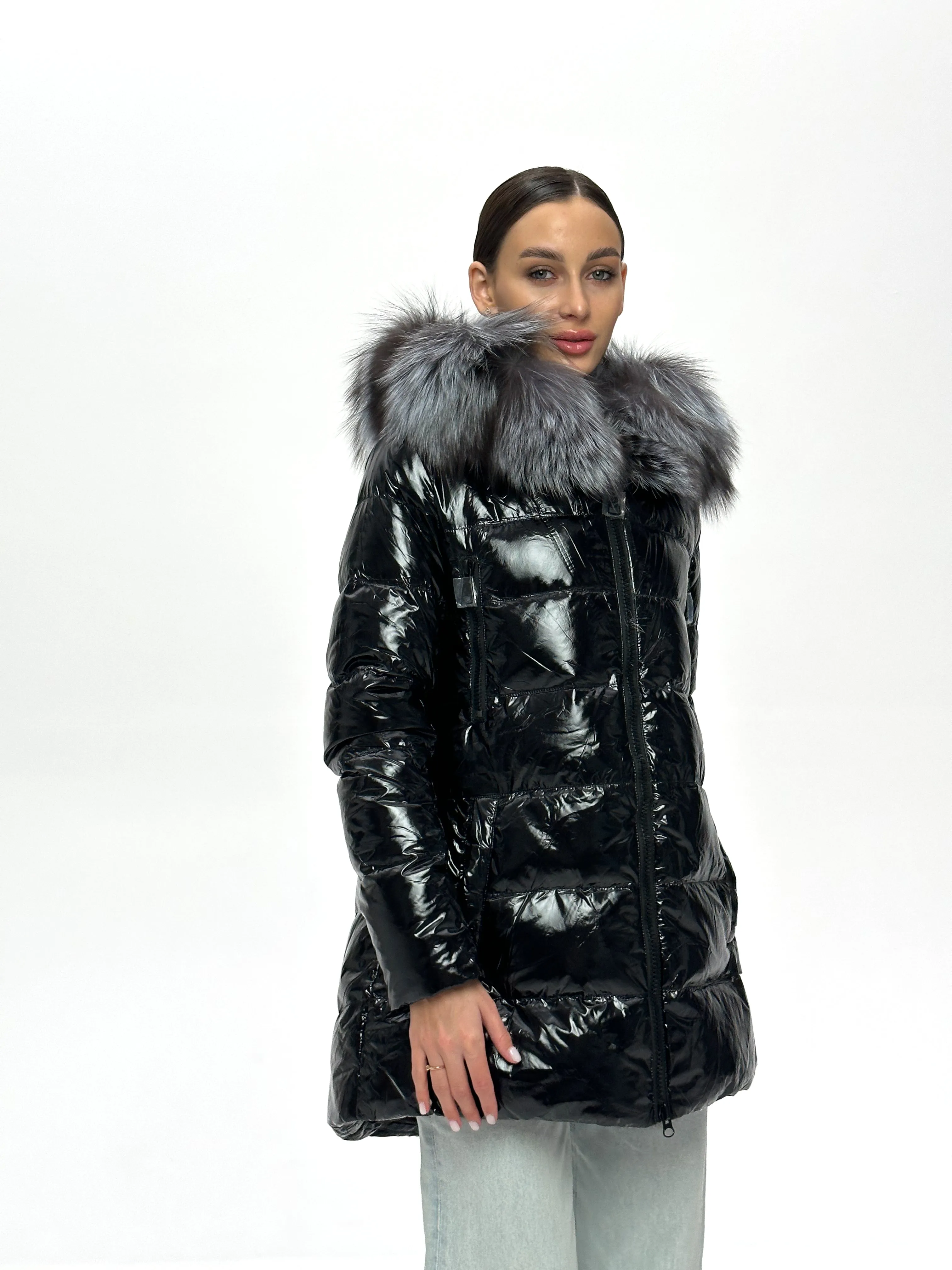 Onyx Genuine Silver Fox Fur Down Parka 85cm