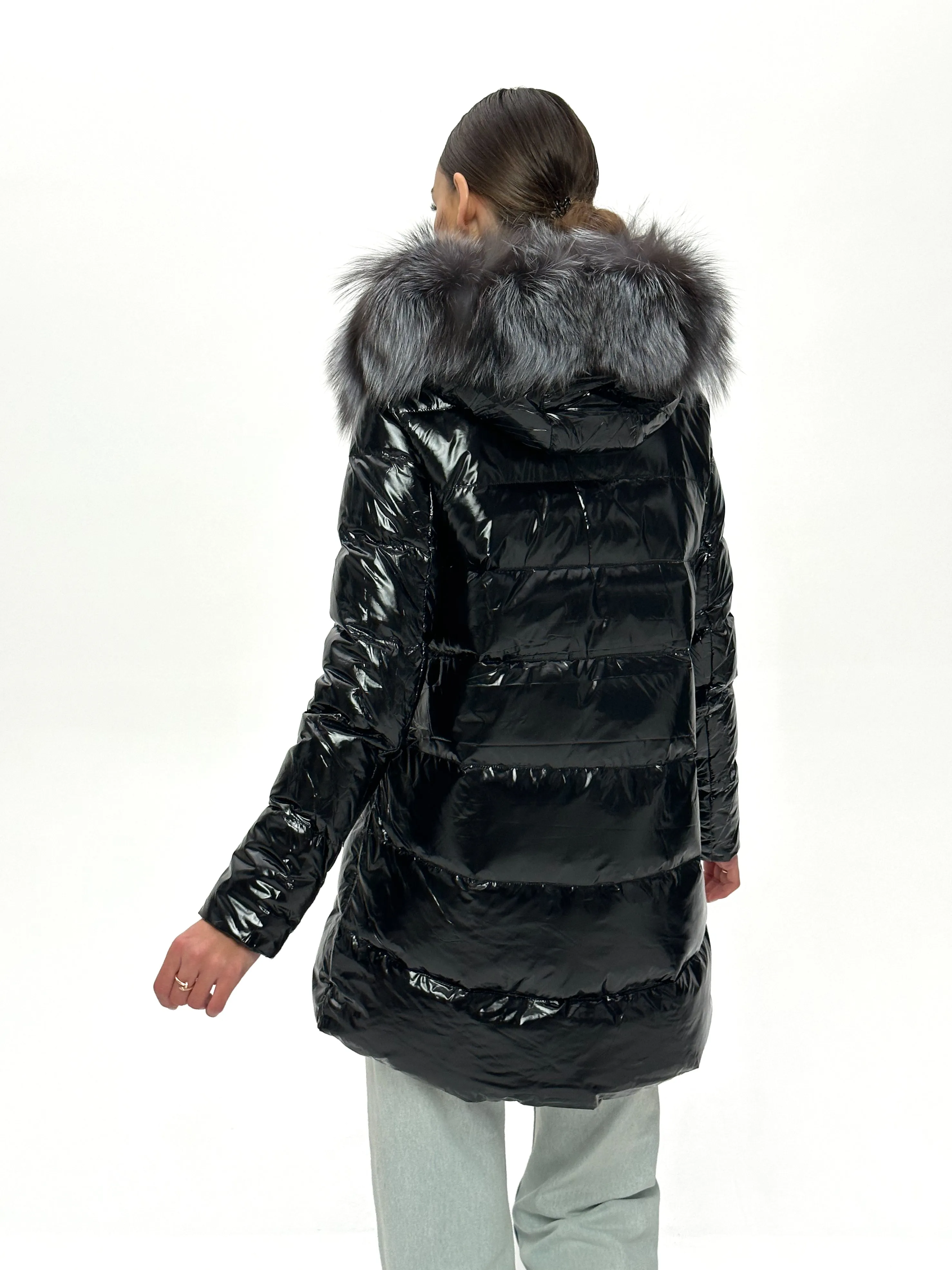 Onyx Genuine Silver Fox Fur Down Parka 85cm